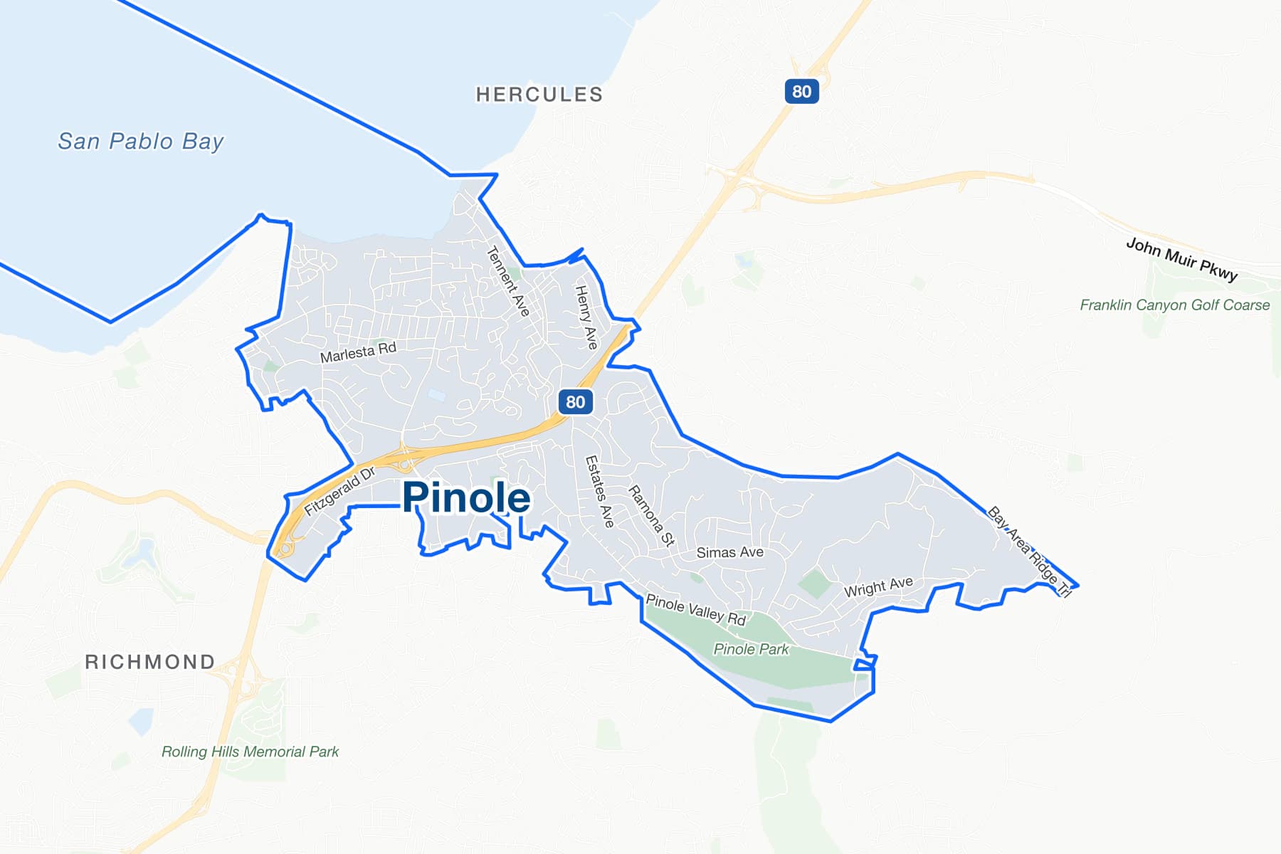 Street map of Pinole, California, with Interstate 80 crossing the city, Pinole Valley Road and Fitzgerald Drive labelled, San Pablo Bay to the north, and Hercules and Richmond outside the city limits.