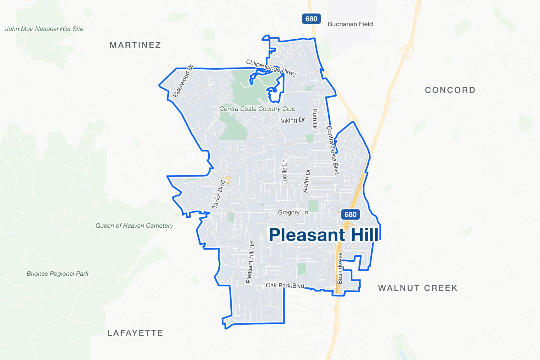 Street map of Pleasant Hill with Interstate 680 on its east side and Contra Costa Boulevard, Taylor Boulevard, Gregory Lane and Pleasant Hill Road labelled.