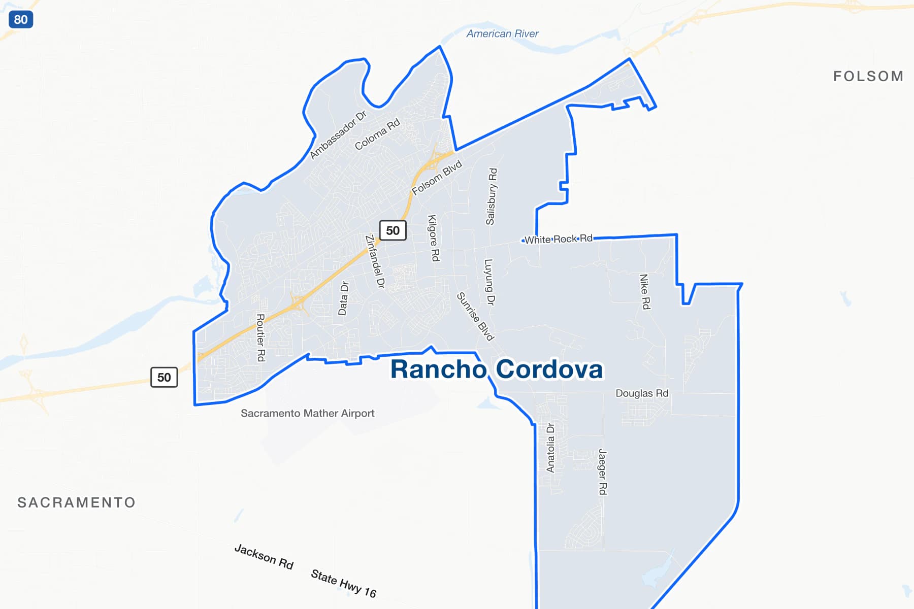 Mapa de calles de Rancho Cordova, California, con US 50, Sunrise Boulevard y Folsom Boulevard señalados.