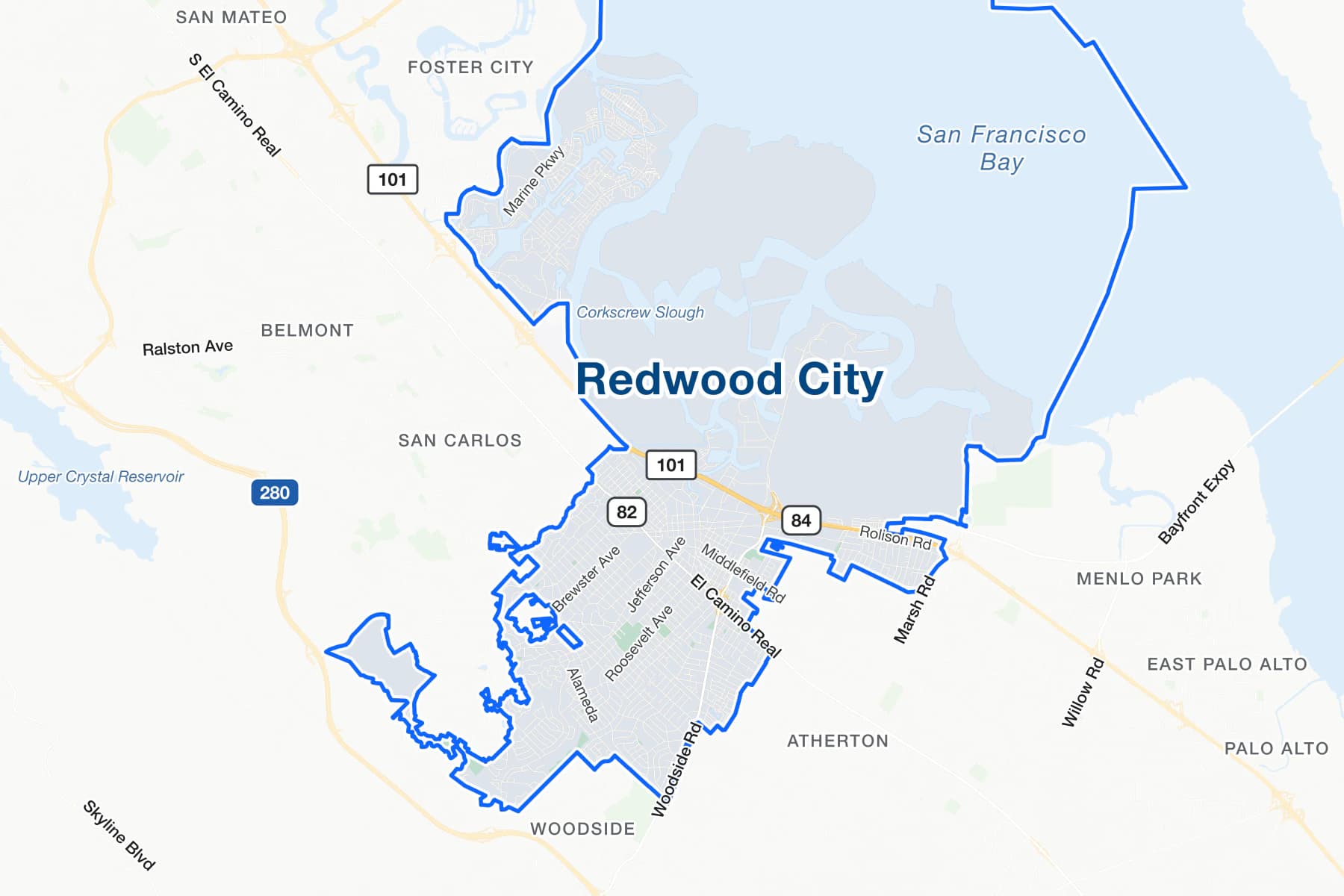 Street map of Redwood City, California, with US 101, El Camino Real and Woodside Road labelled.