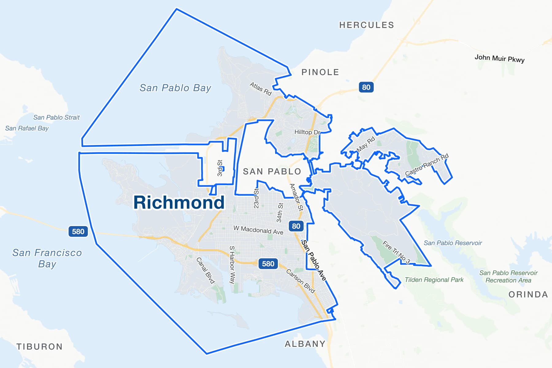 Street map of Richmond, California, with Interstates 80 and 580, San Pablo Avenue, Macdonald Avenue and city limits that reach out into San Pablo Bay and San Francisco Bay.