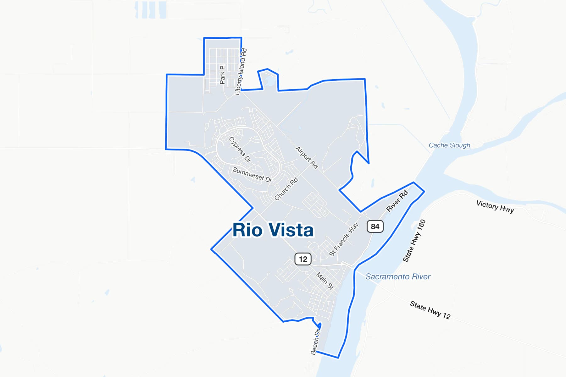 Street map of Rio Vista, California, with State Route 12, State Route 84 and Main Street labelled.