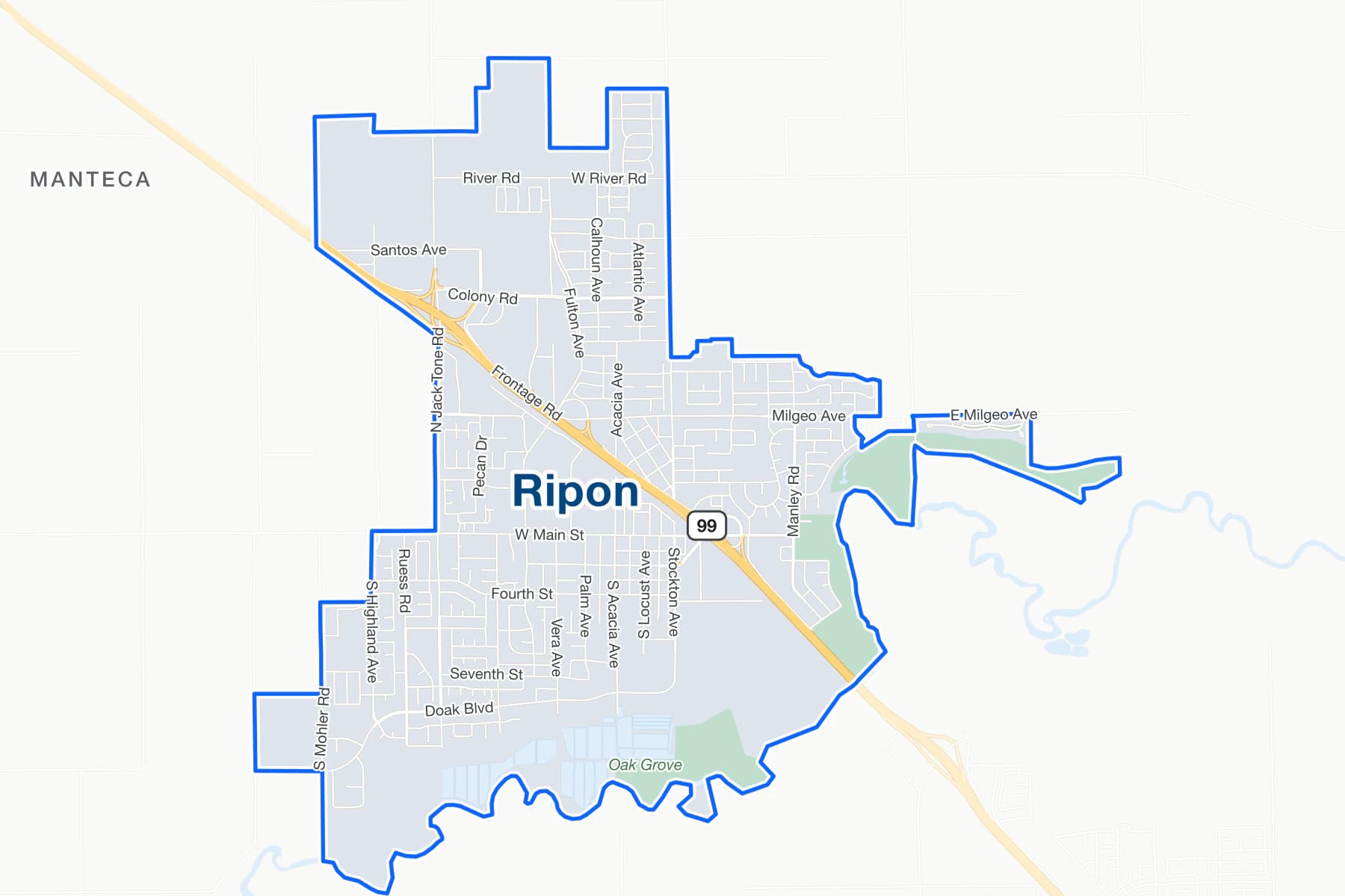 Street map of Ripon, California, with State Route 99, Main Street and Jack Tone Road labelled.