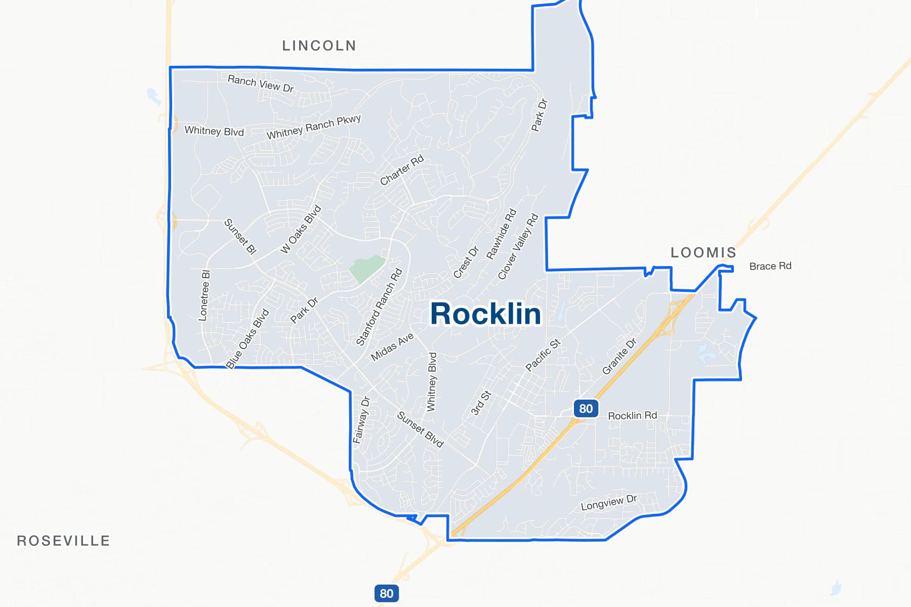 Mapa de calles de Rocklin, California, con I-80, State Route 65 y Rocklin Road señalados.