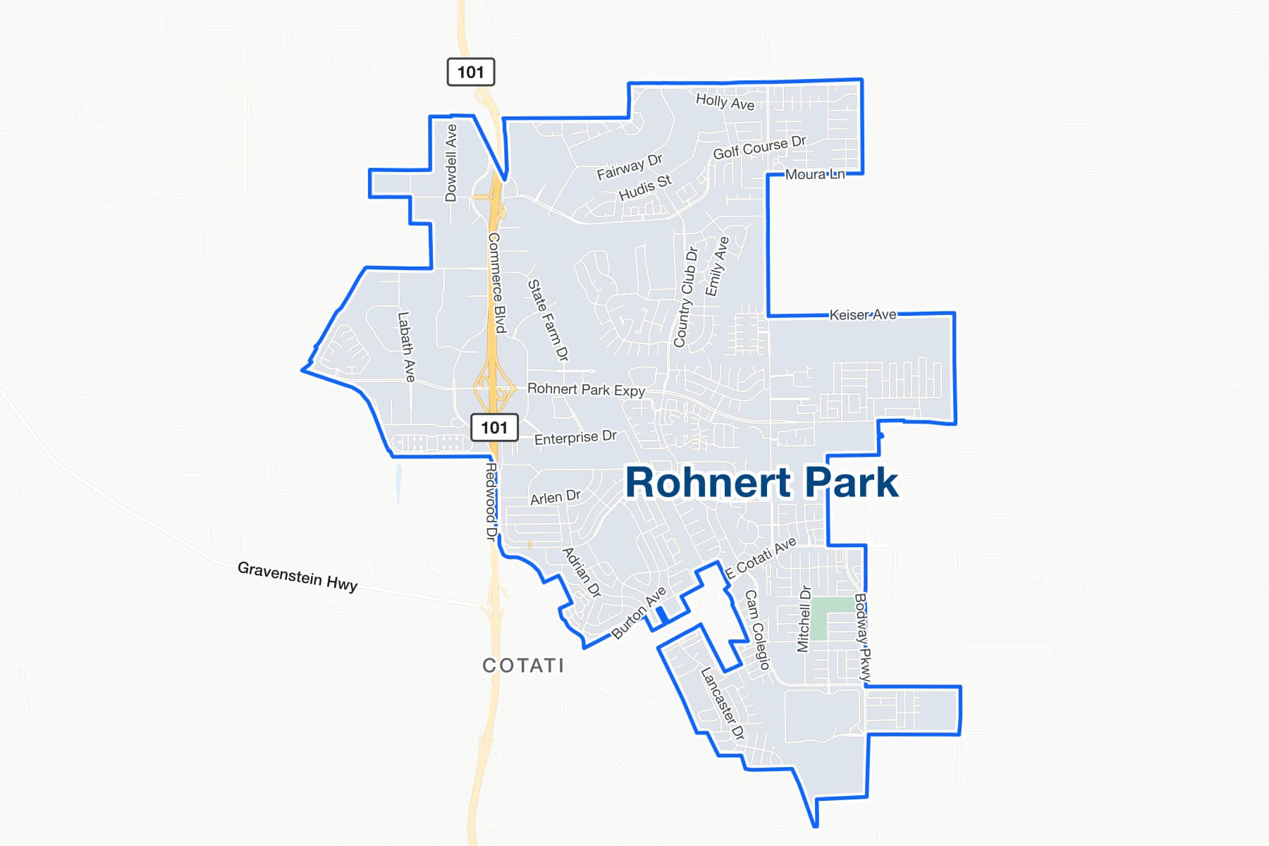 Street map of Rohnert Park, California, showing US-101.