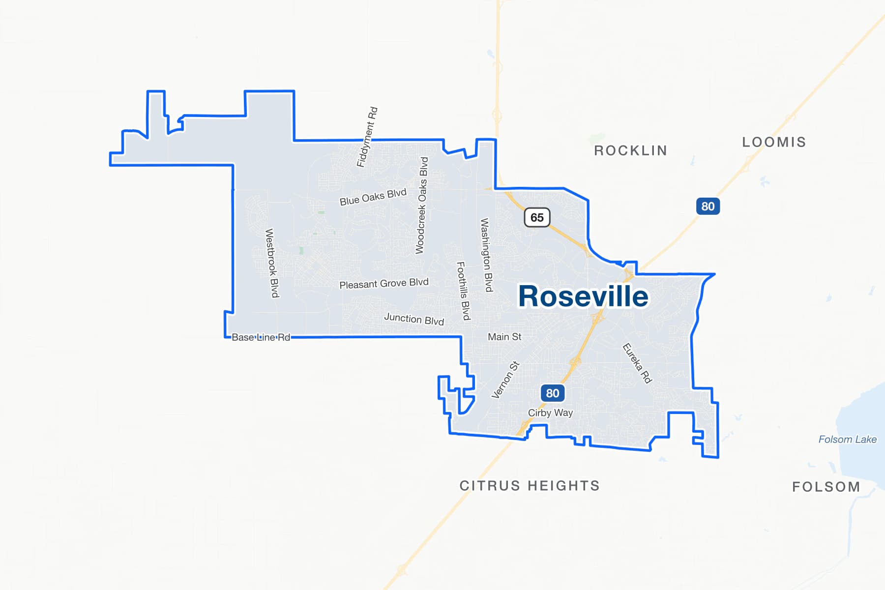Street map of Roseville, California, with I-80, State Route 65 and Pleasant Grove Boulevard labelled.