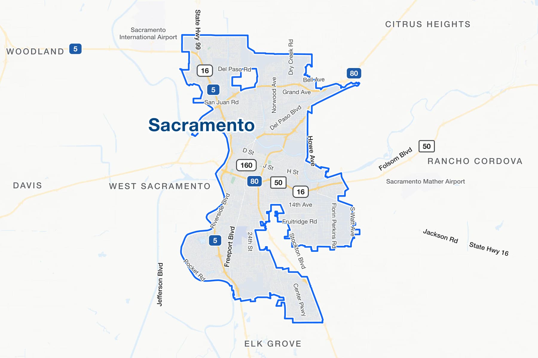 Карта улиц города Сакраменто, Калифорния, с дорогами I-5, US 50 и State Route 99.