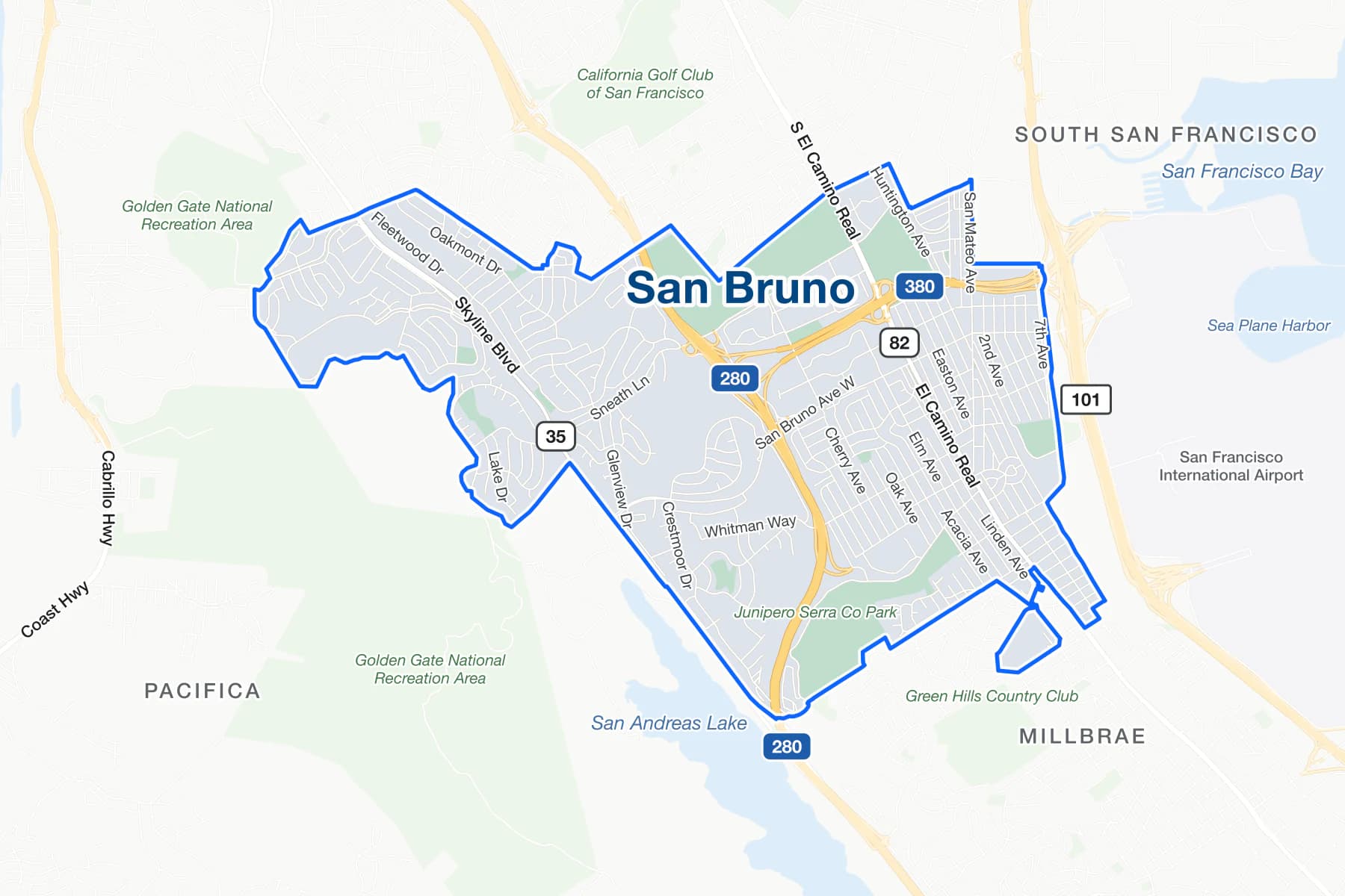 Карта улиц Сан-Бруно в Калифорнии с обозначениями Interstate 380, Interstate 280 и El Camino Real.