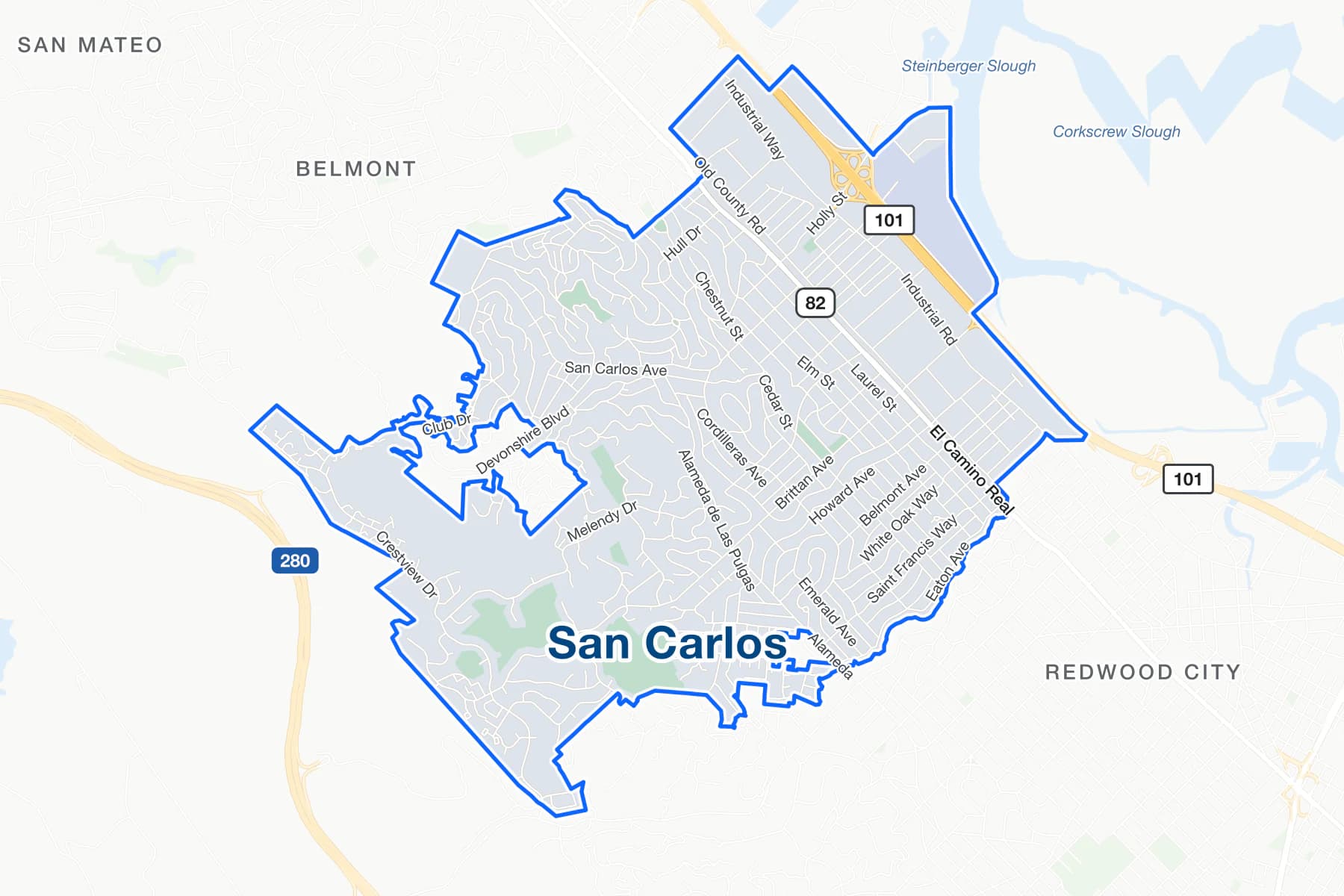 Street map of San Carlos, California, with US 101, Interstate 280 and El Camino Real labelled.