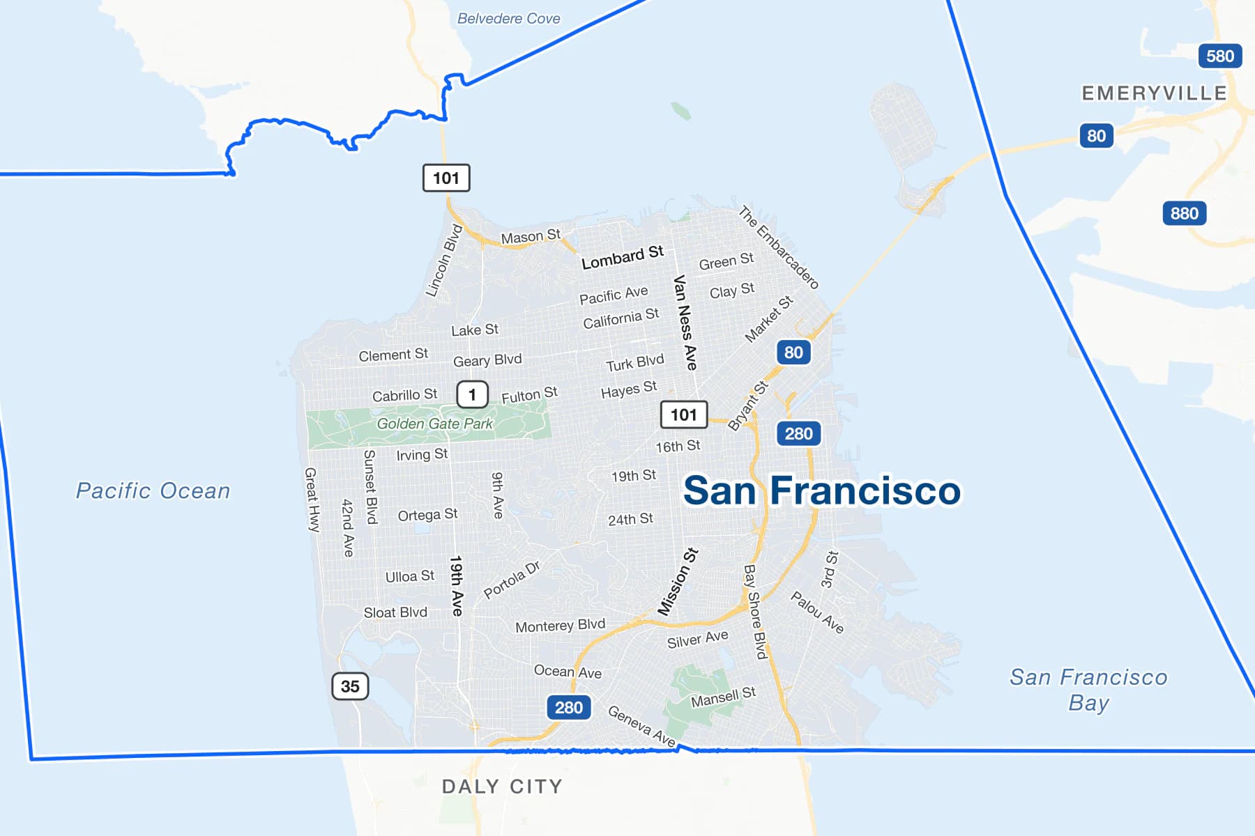Mapa de calles de San Francisco, California, con Market Street, Van Ness Avenue y el corredor de la US 101 señalados.