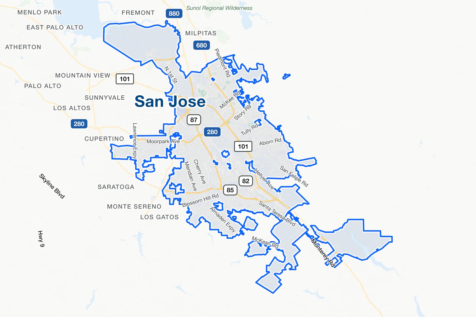 Mapa de calles de San José, California, con US 101, I-280 y State Route 87 señalados.