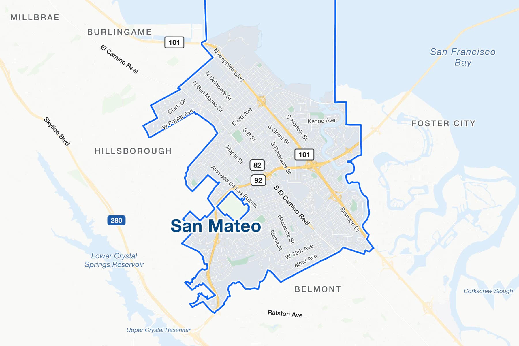 Street map of San Mateo, California, with US 101, State Route 92 and El Camino Real labelled.
