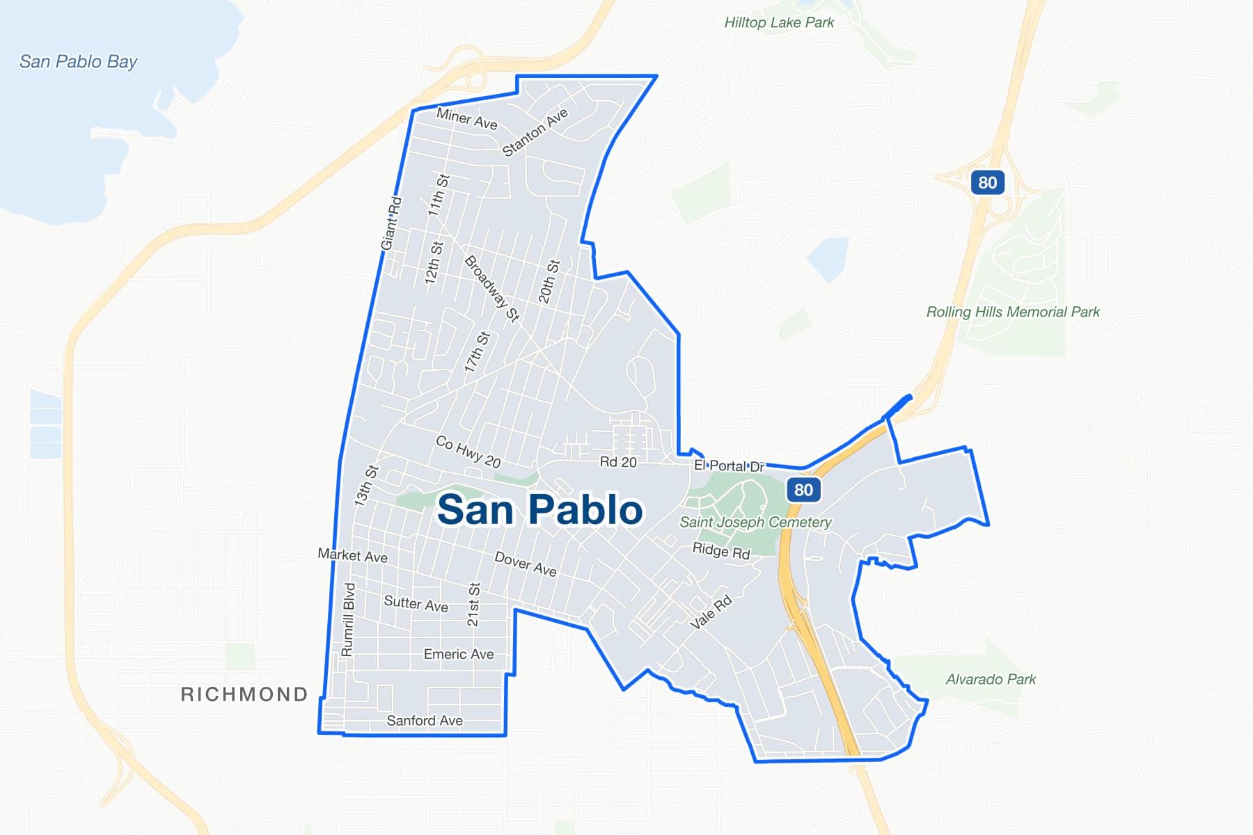 Mapa de calles de San Pablo, California, con la Interestatal 80, El Portal Drive, Rumrill Boulevard, Market Avenue y Richmond señalados.