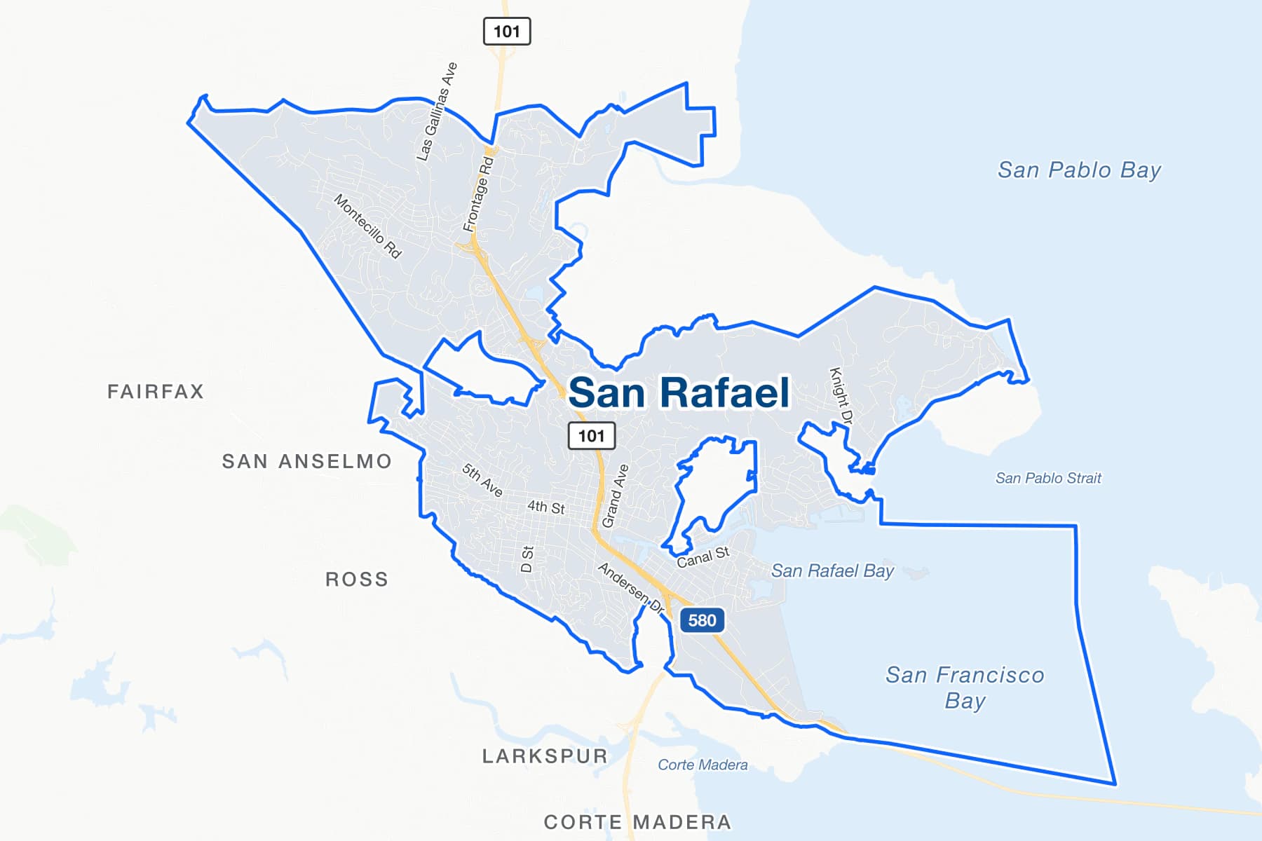 Mapa de calles de San Rafael, California, con la US 101 y la Interstate 580 señaladas.