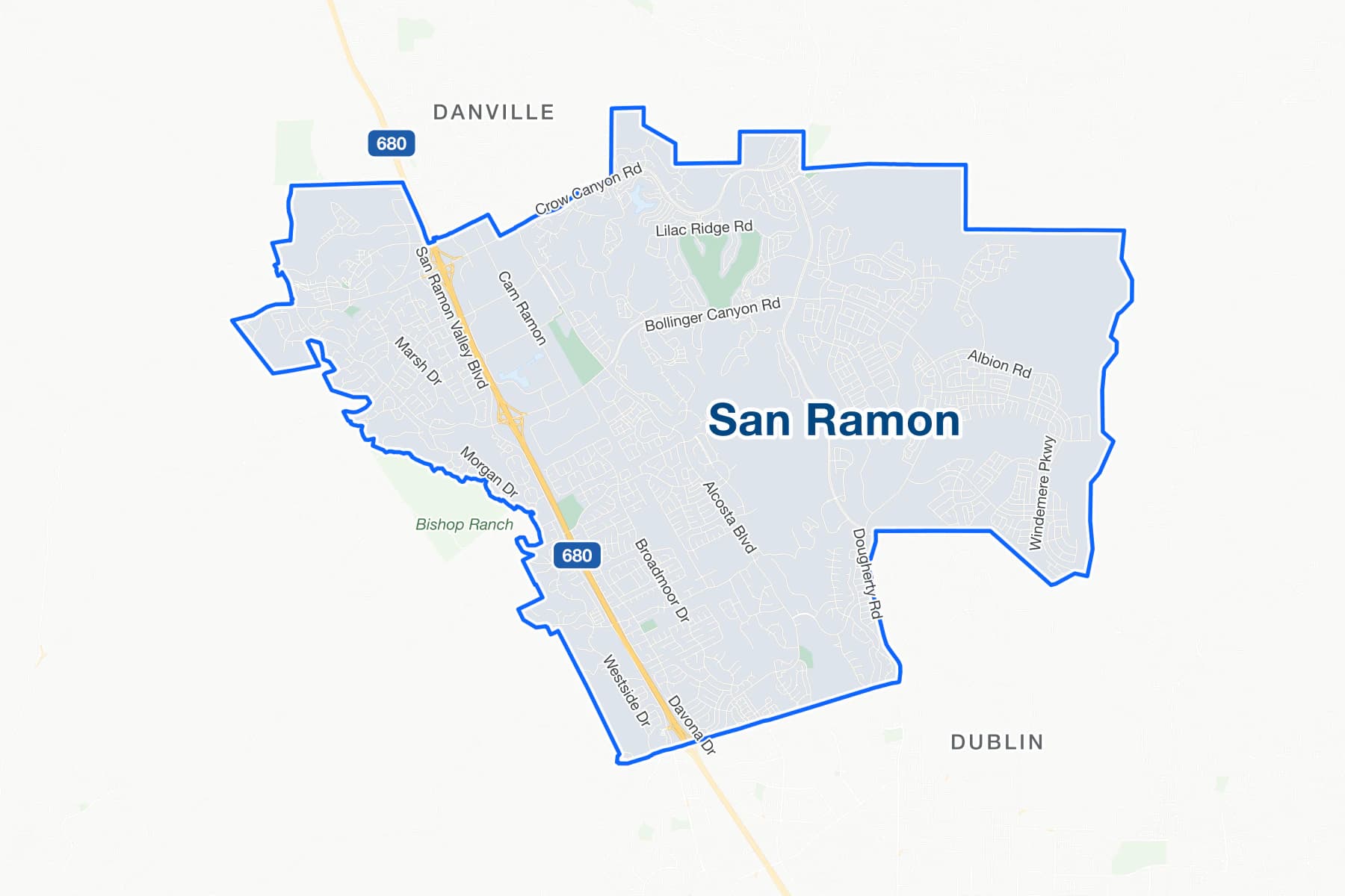 Mapa de calles de San Ramon, California, con Bollinger Canyon Road, Crow Canyon Road y San Ramon Valley Boulevard señalados.