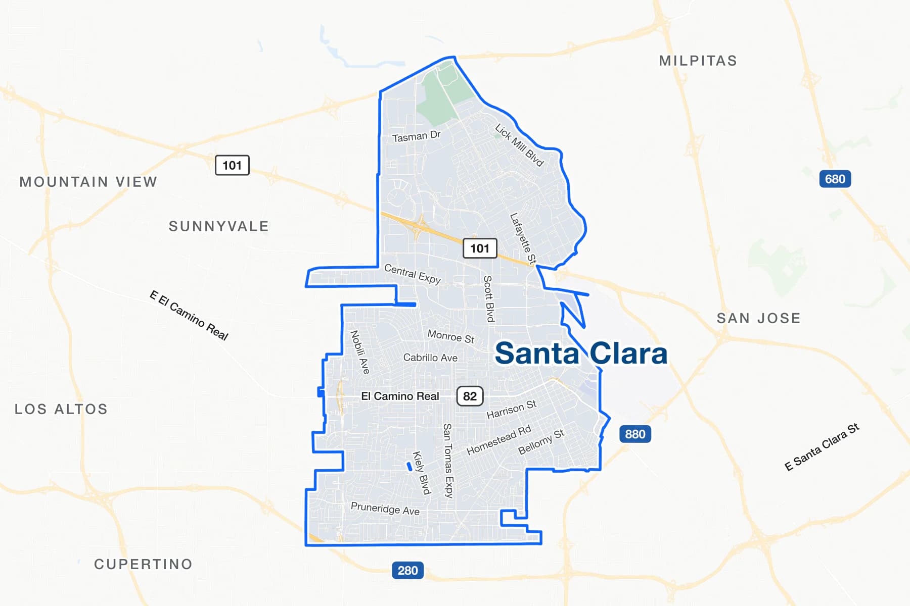 Mapa de calles de Santa Clara, California, con US 101, El Camino Real y San Tomas Expressway señalados.