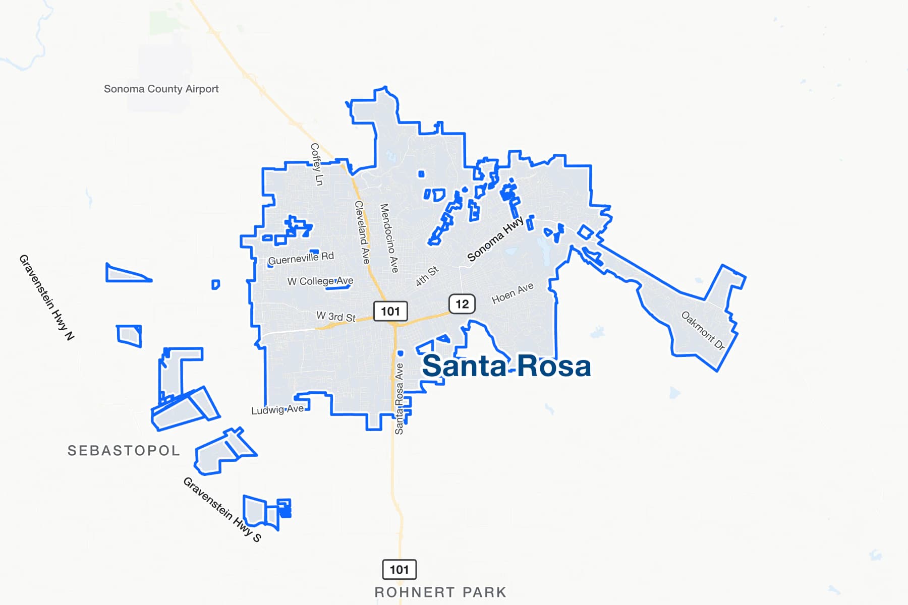 Street map of Santa Rosa, California, showing US-101.