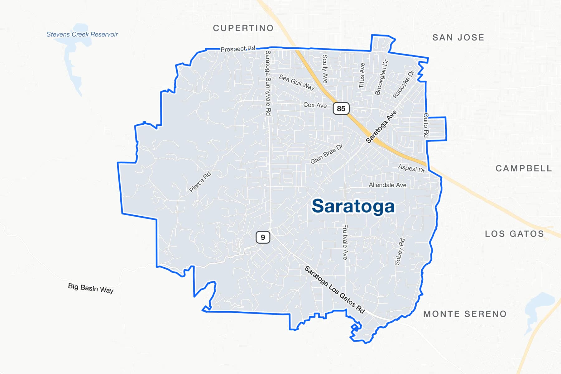 Mapa de calles de Saratoga, California, con State Route 85, State Route 9 y Saratoga Avenue señalados.