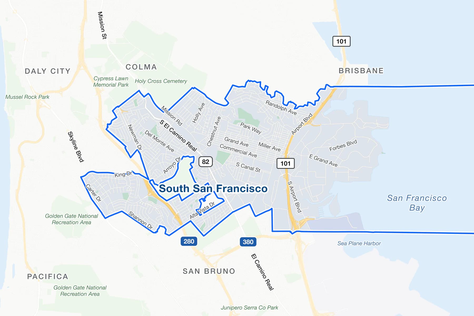 Mapa de calles de South San Francisco, California, con US 101, Interstate 280 y El Camino Real señalados.