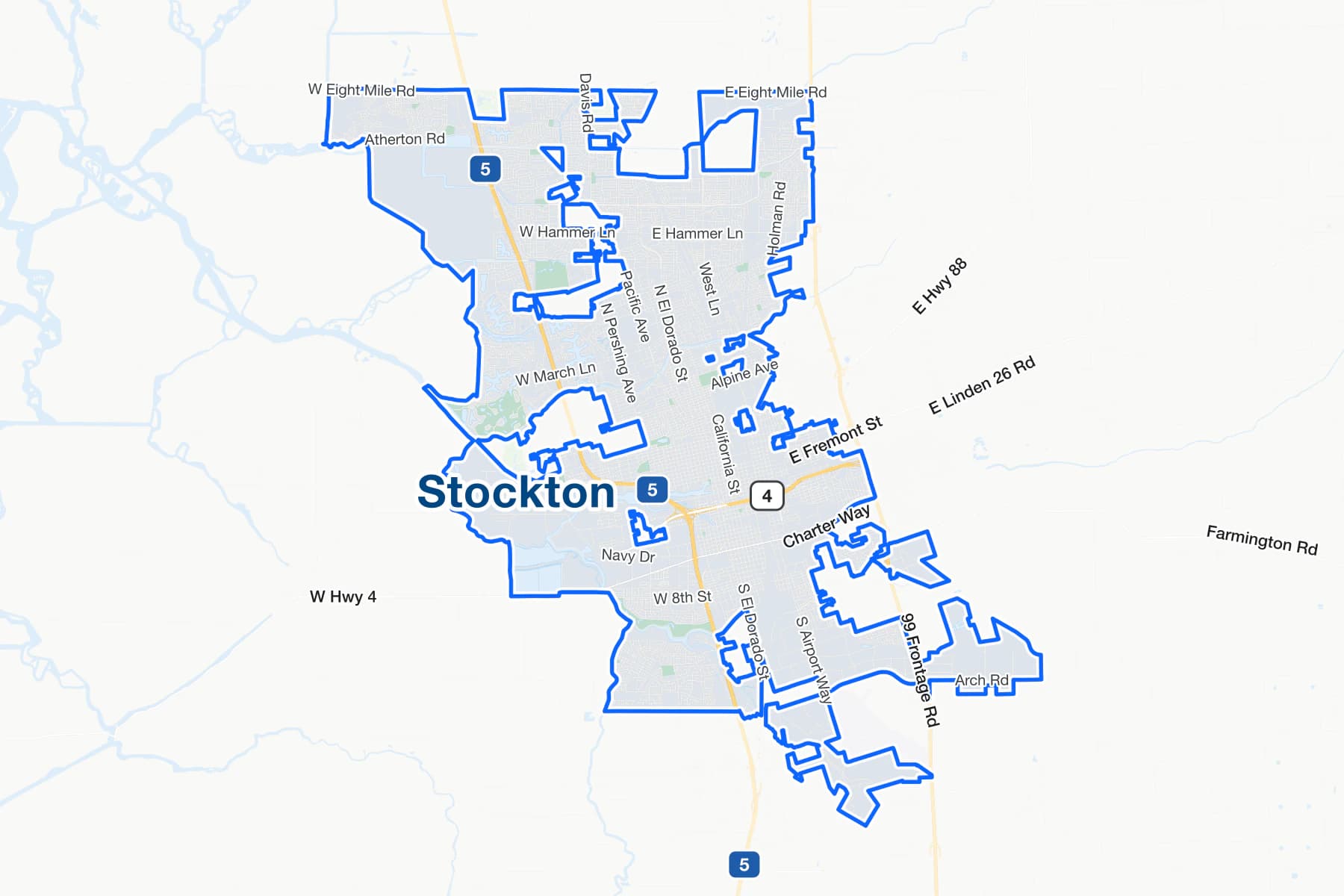 Street map of Stockton, California, with I-5, State Route 99 and March Lane labelled.