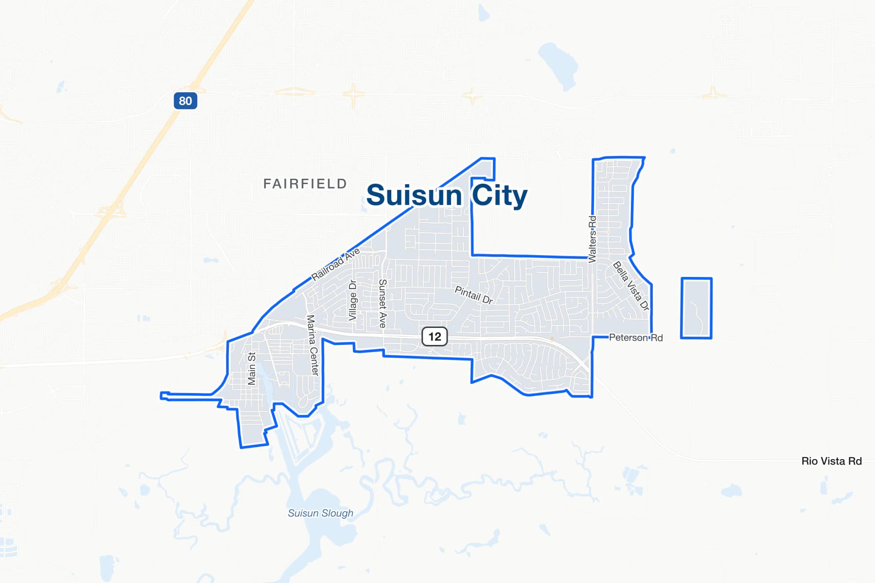 Street map of Suisun City, California, with State Route 12, Walters Road and Sunset Avenue labelled.