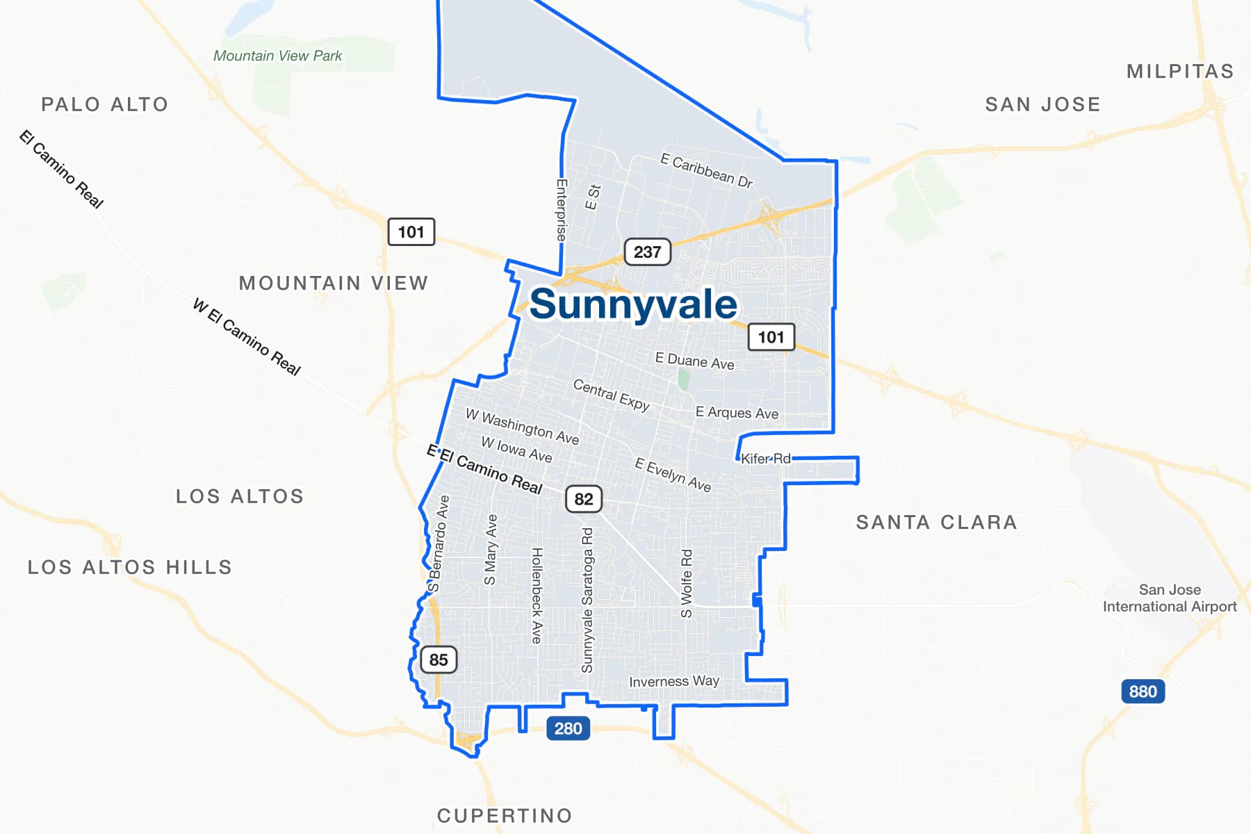 Mapa de calles de Sunnyvale, California, con US 101, State Route 85 y El Camino Real señalados.