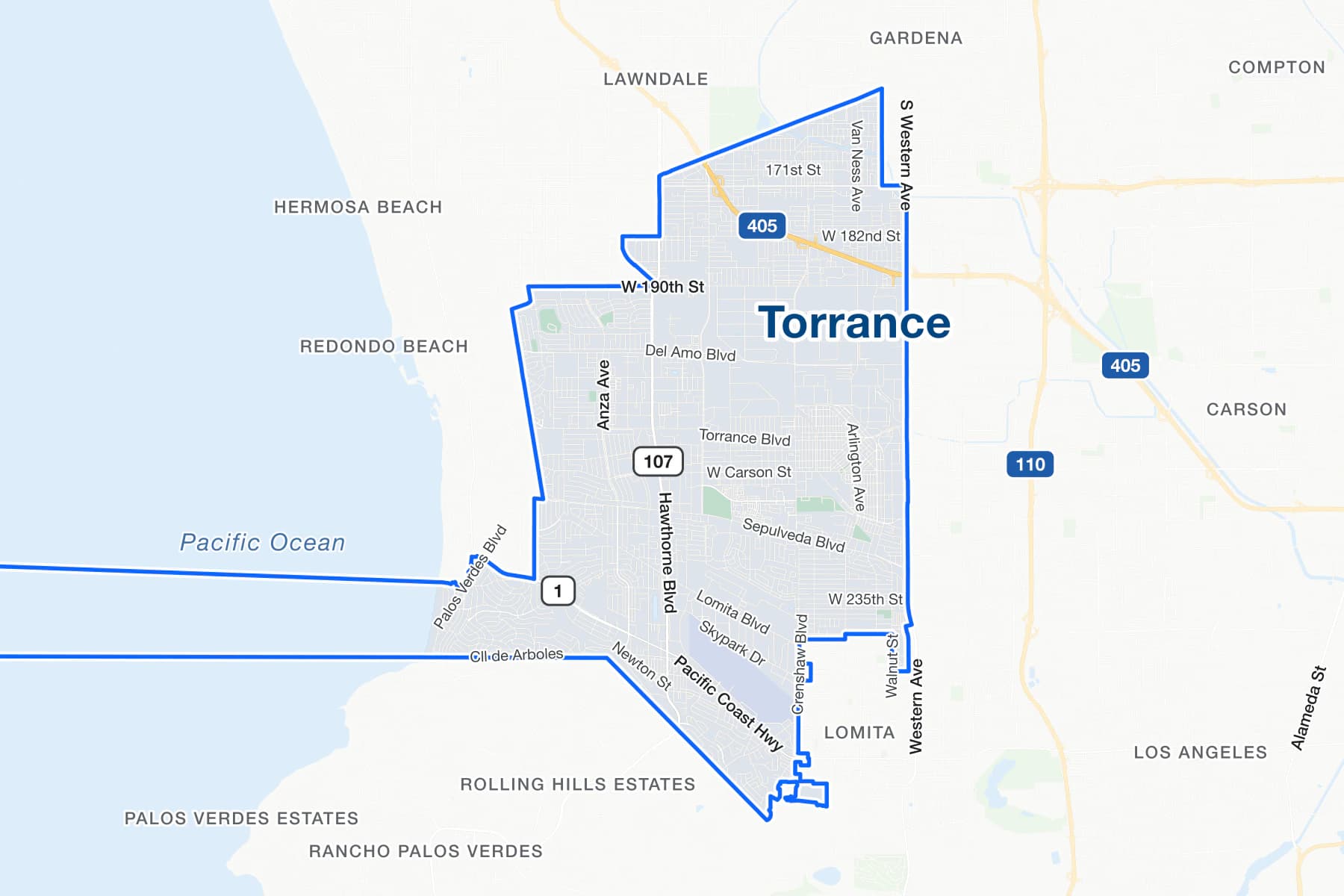 Street map of Torrance, California, with Interstate 405 labelled.