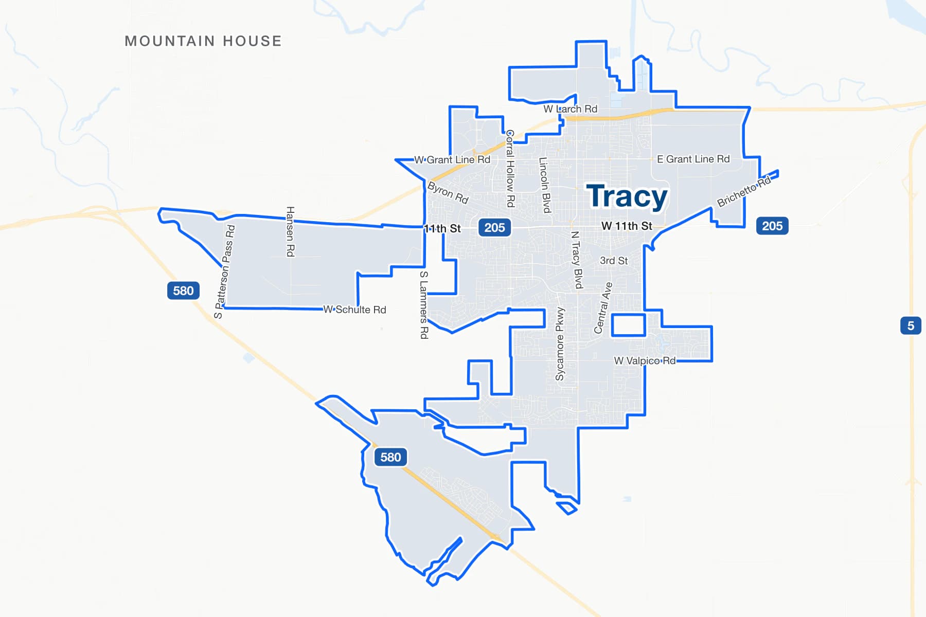 Street map of Tracy, California, showing I-205.