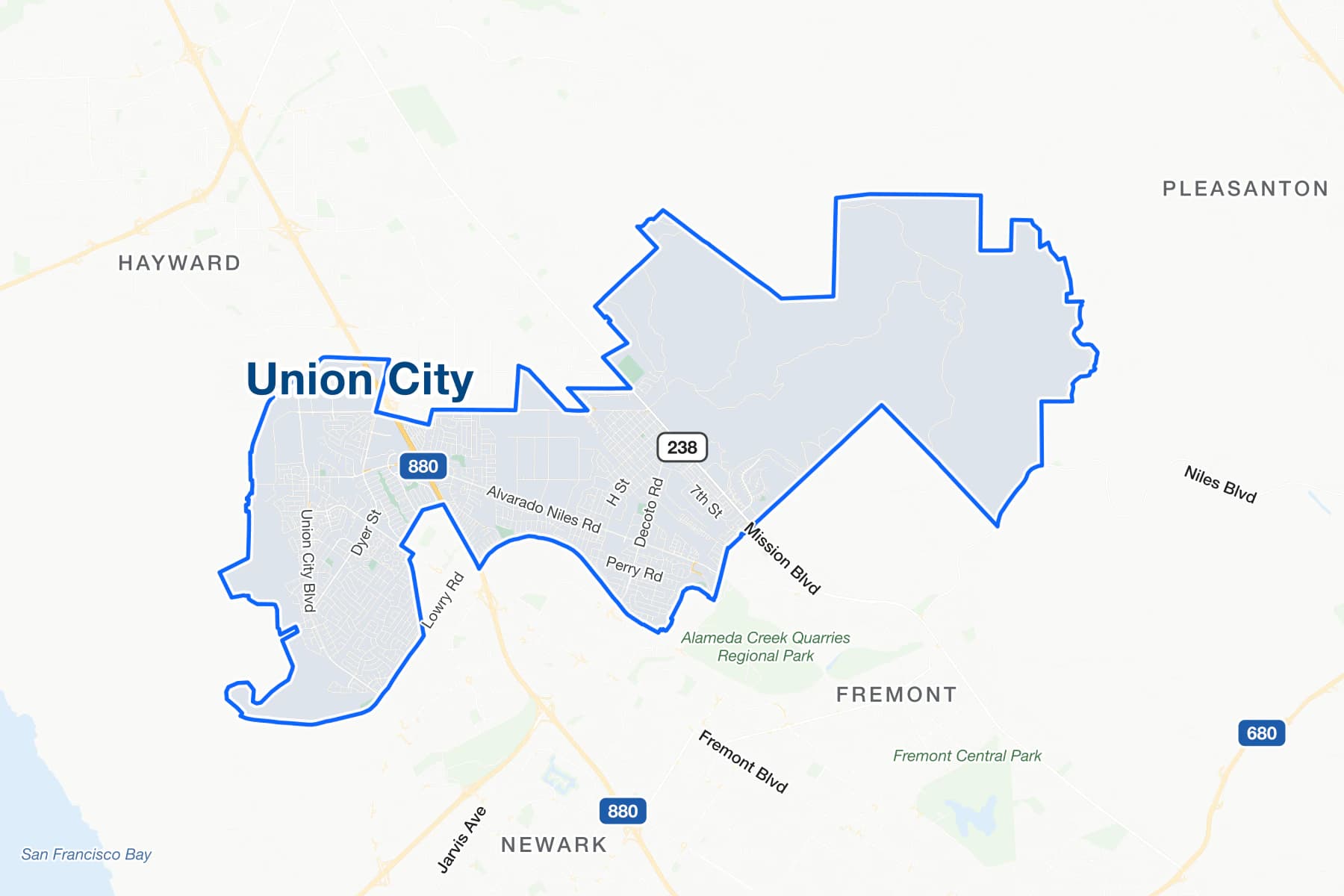 Карта улиц Юнион-Сити в Калифорнии с шоссе I-880, Mission Boulevard, Decoto Road, Alvarado-Niles Road и восточными холмами в границах города.
