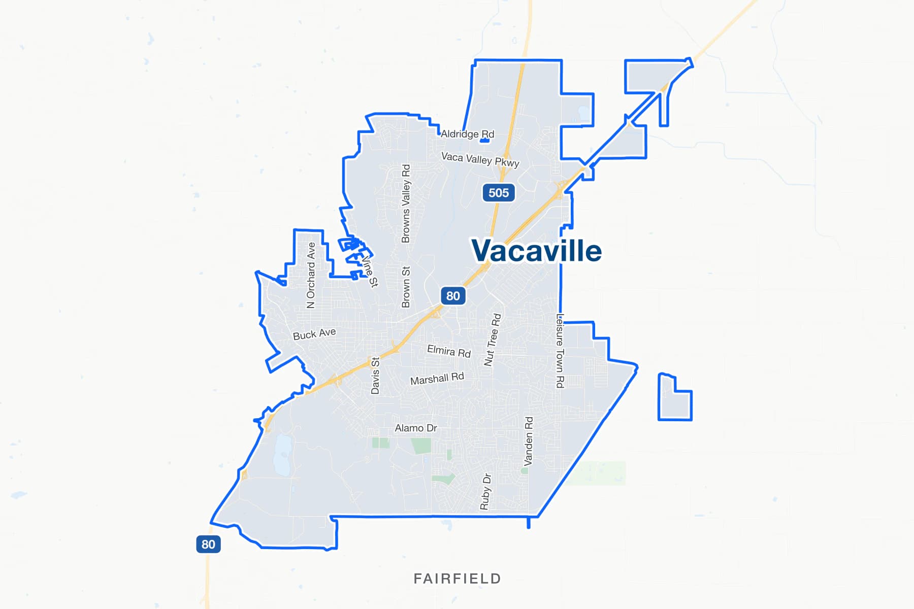 Карта улиц города Вакавилла, Калифорния, с дорогами Interstate 80, Interstate 505 и Alamo Drive.