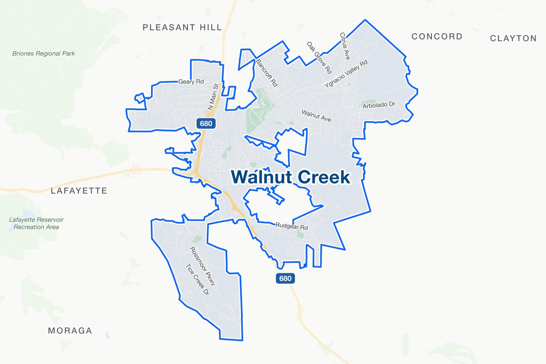 Mapa de calles de Walnut Creek, California, con Ygnacio Valley Road, North Main Street y Treat Boulevard señalados.