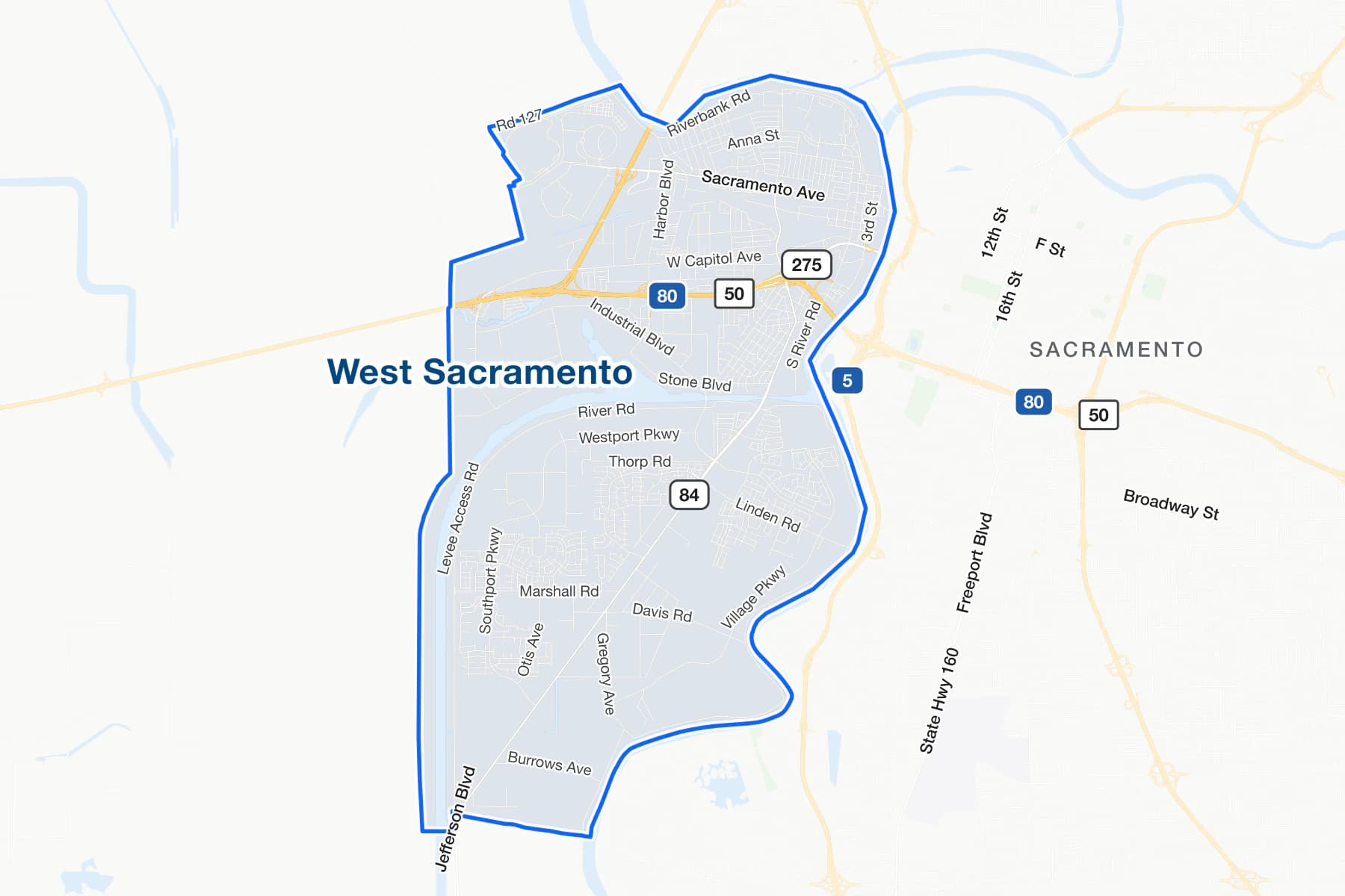 Street map of West Sacramento, California, with I-80, US 50 and Jefferson Boulevard labelled.