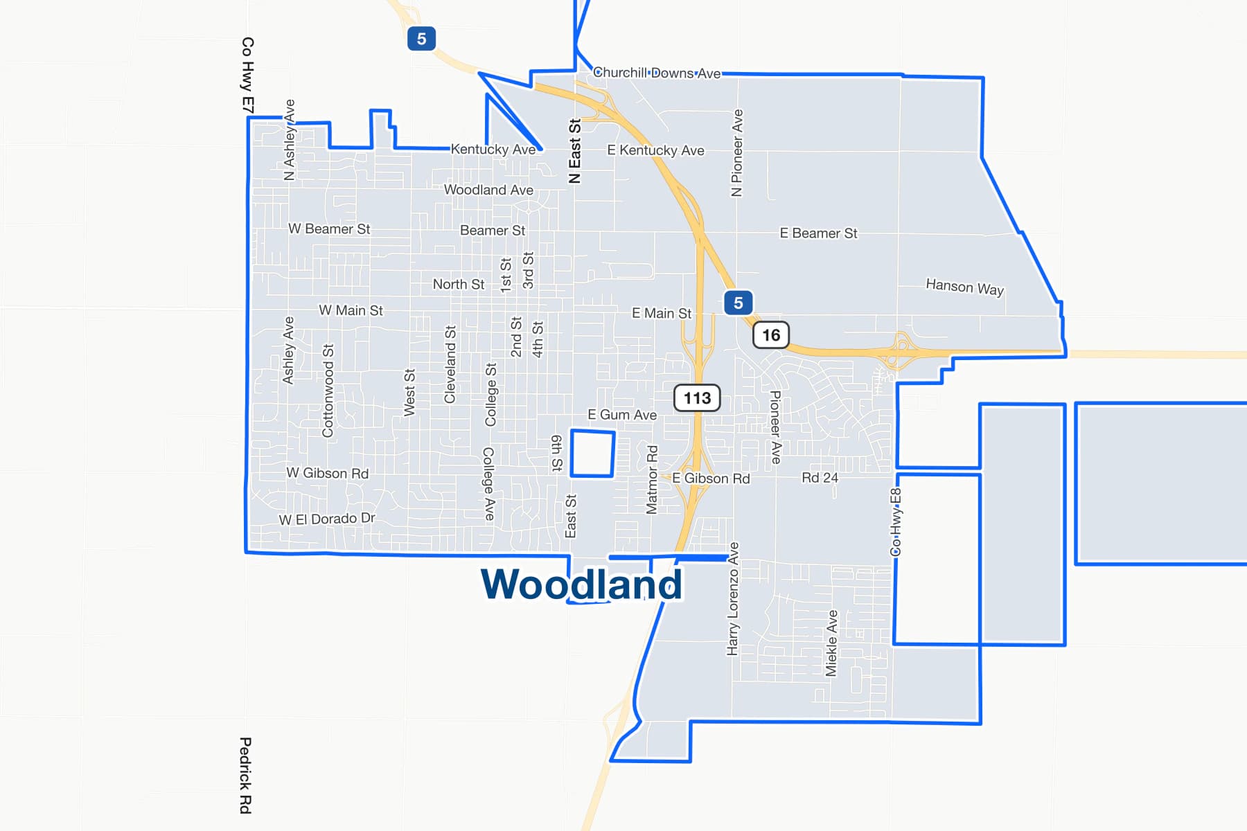 Street map of Woodland, California, with I-5, State Route 113 and East Main Street labelled.