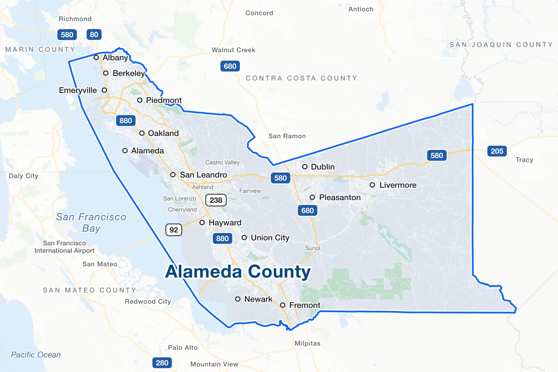 Map of Alameda County, California, showing Oakland, Fremont, Hayward, Berkeley, San Leandro, Livermore, Alameda, Pleasanton, Dublin, Union City, Newark, Albany, Emeryville and Piedmont, with Interstates 80, 580, 680 and 880, State Routes 92 and 238, and San Francisco Bay.
