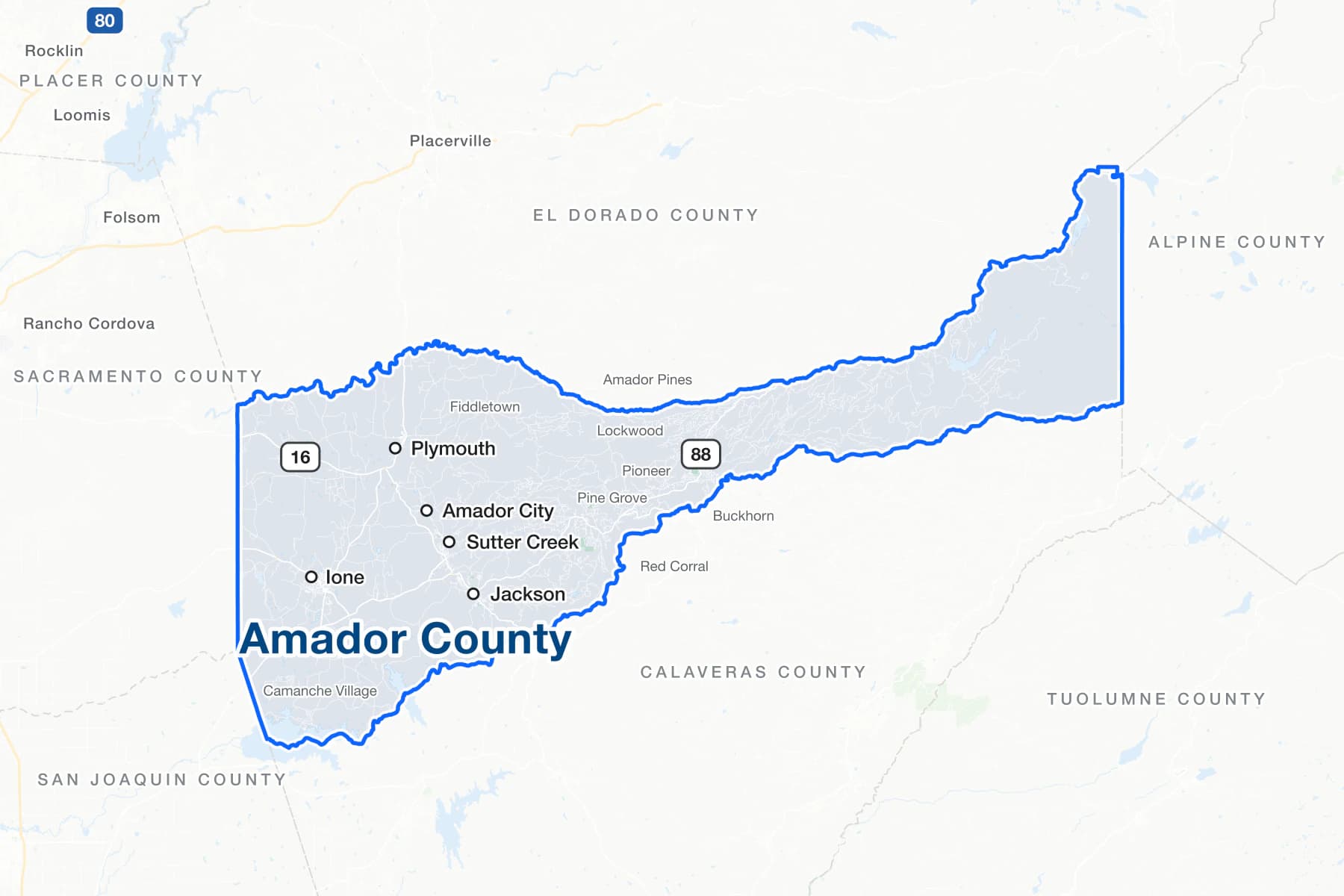 Map of Amador County, California, showing Jackson, Sutter Creek, Ione, Plymouth and Amador City, with State Routes 88 and 16, and the communities of Pine Grove, Pioneer and Fiddletown.