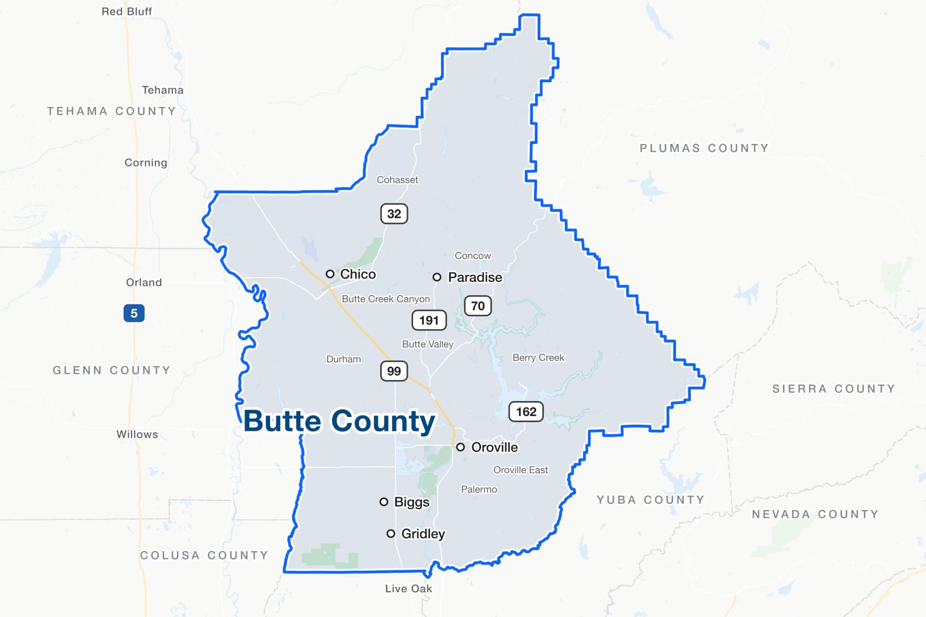Map of Butte County, California, showing Chico, Oroville, Paradise, Gridley and Biggs, with State Routes 99, 70, 32, 162 and 191, and the communities of Durham, Palermo, Berry Creek, Concow and Cohasset.