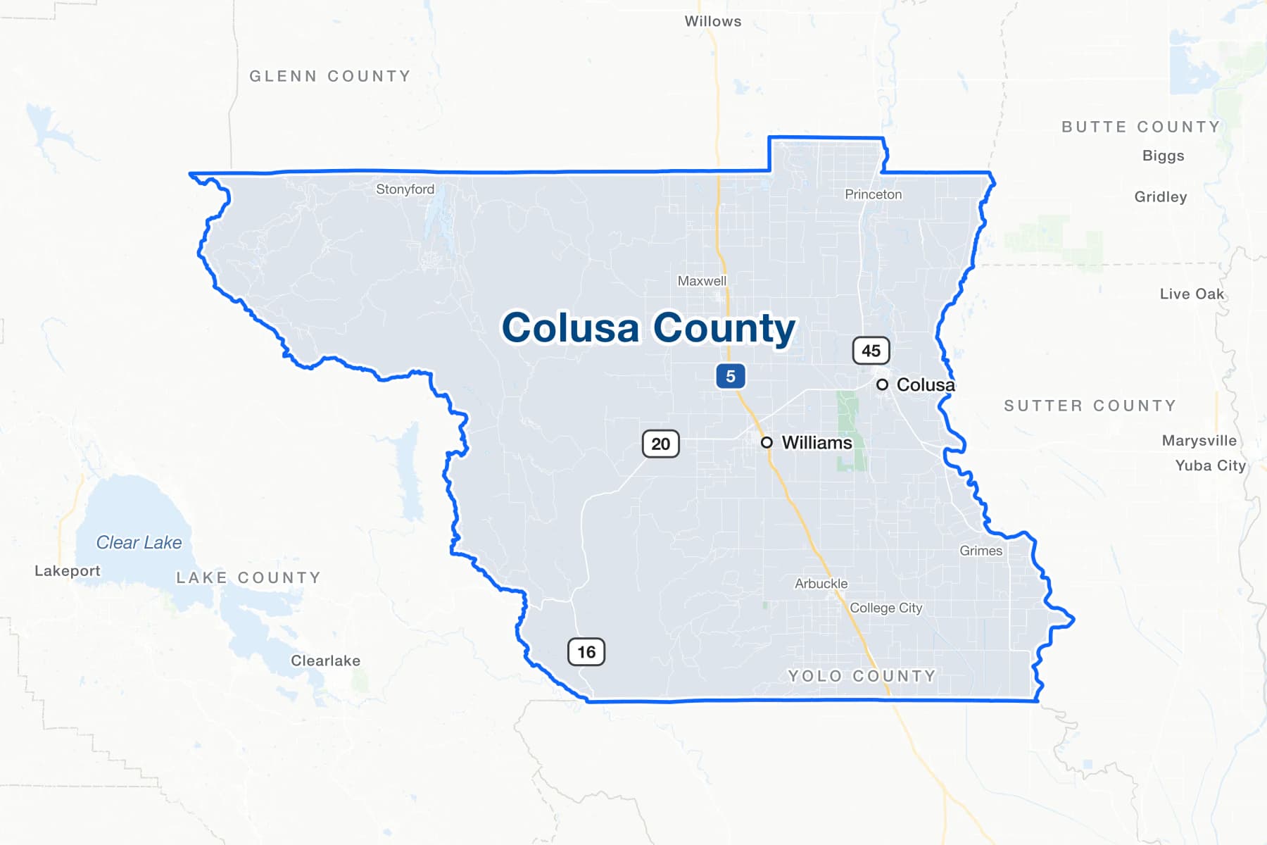 Карта округа Колуса, Калифорния, с Colusa, Williams, Arbuckle, Maxwell, Grimes и Princeton, Interstate 5 и дорогами штата 20, 45 и 16.