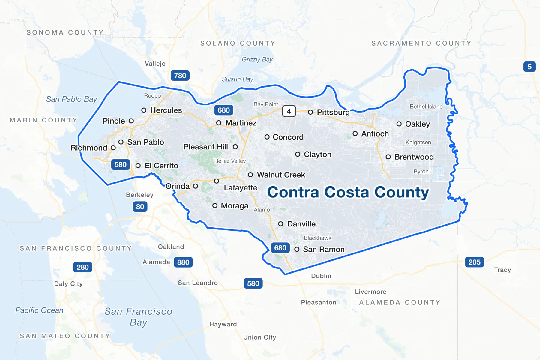 Map of Contra Costa County, California, showing its 19 cities from Richmond, San Pablo and Hercules in the west to Antioch, Oakley and Brentwood in the east, with Interstates 80, 580 and 680, State Route 4, and San Pablo Bay, Suisun Bay and San Francisco Bay.