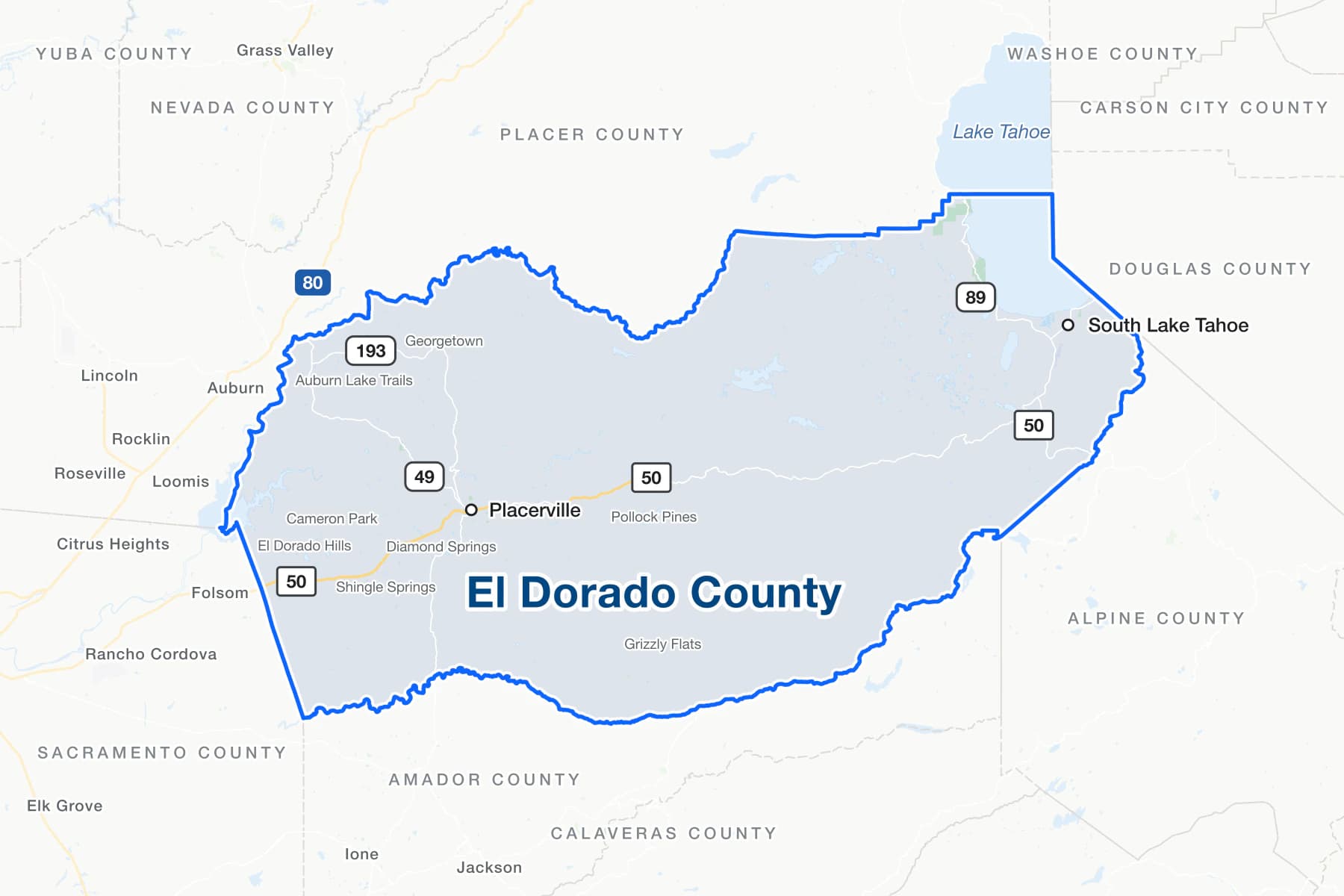 Mapa del condado de El Dorado, California, con Placerville, South Lake Tahoe y el lago Tahoe, la US 50, las rutas estatales 49, 89 y 193, y las comunidades de El Dorado Hills, Cameron Park, Shingle Springs, Diamond Springs, Pollock Pines, Georgetown, Auburn Lake Trails y Grizzly Flats.