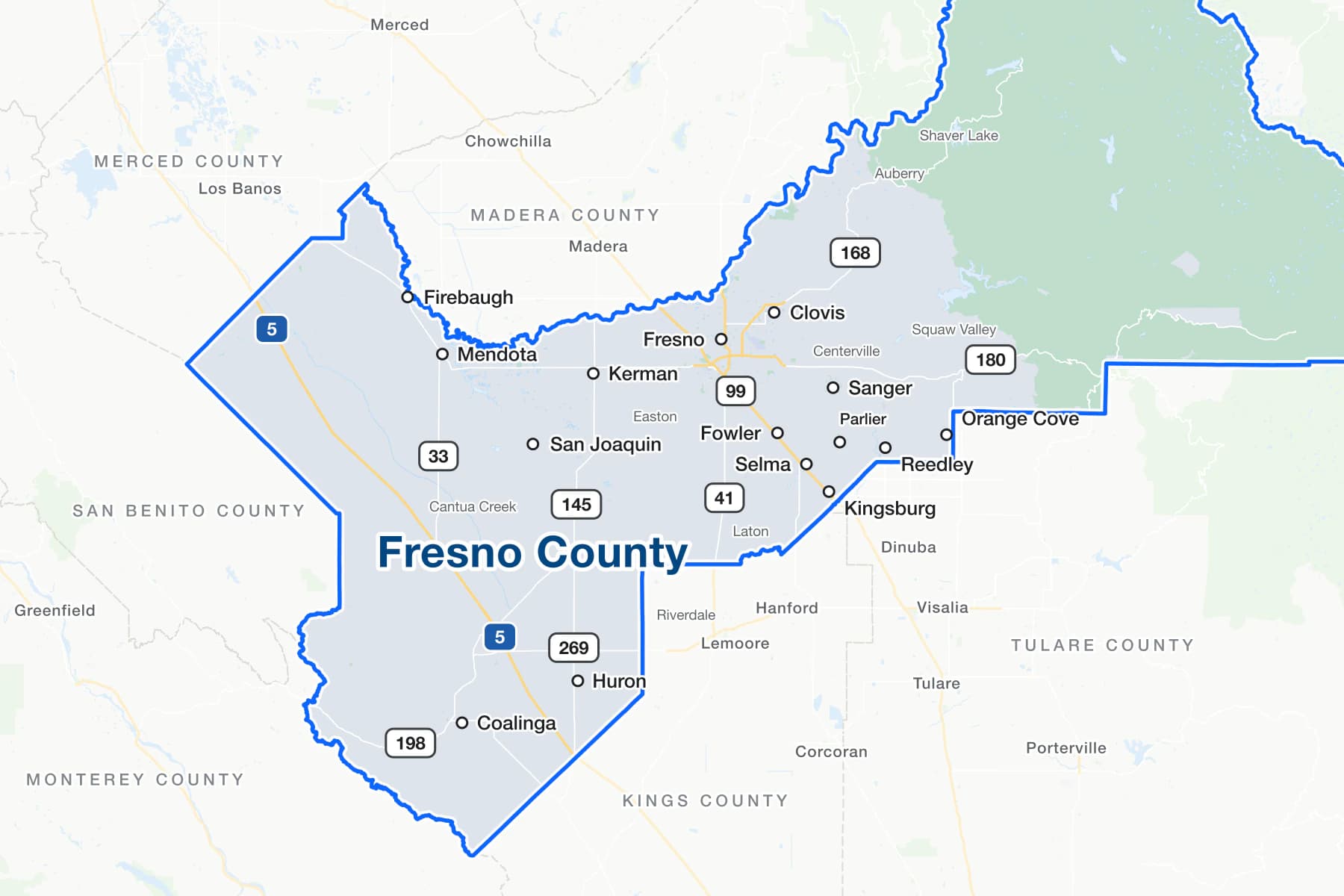 Map of Fresno County, California, showing Fresno, Clovis, Sanger, Reedley, Selma, Kerman, Coalinga, Parlier, Kingsburg, Mendota, Orange Cove, Firebaugh, Fowler, Huron and San Joaquin, with Interstate 5 and State Routes 33, 41, 99, 145, 168, 180, 198 and 269.