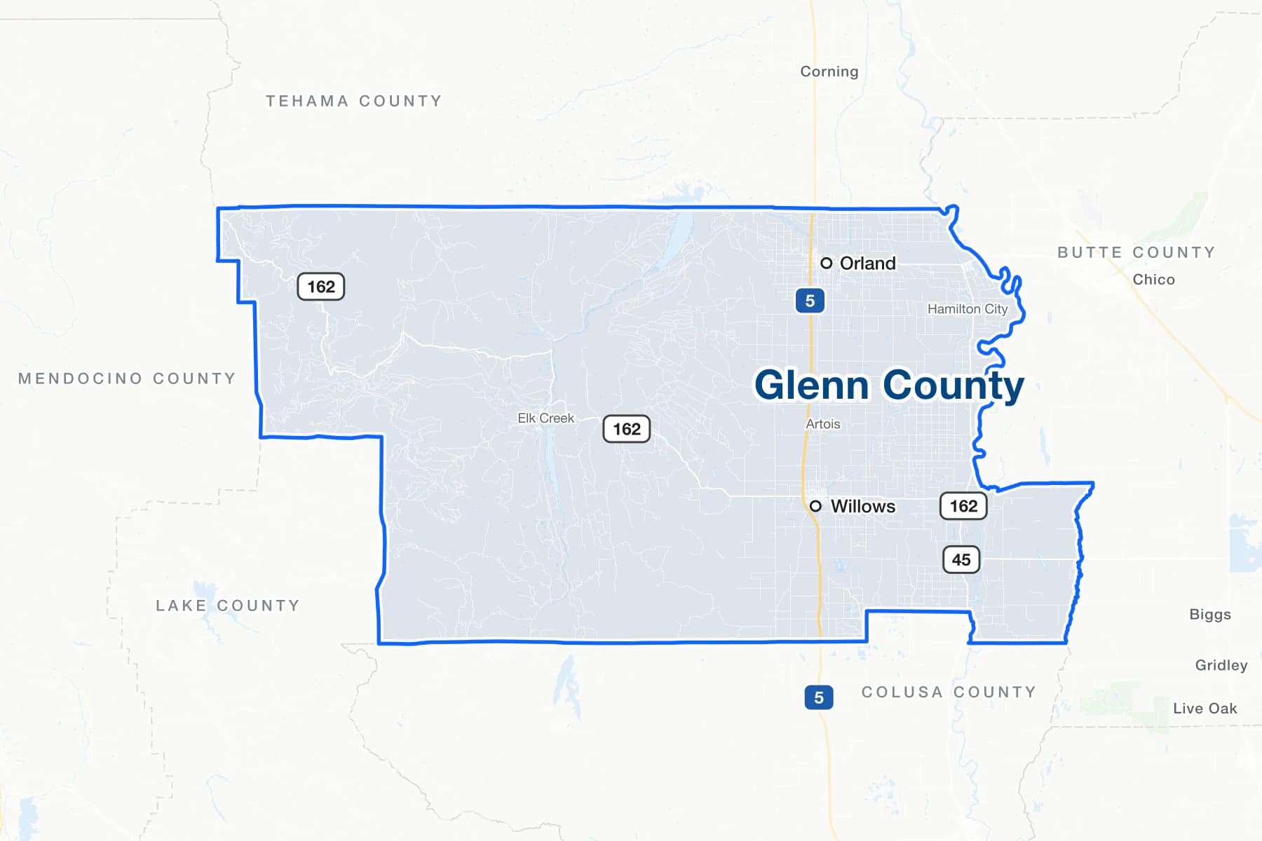 Map of Glenn County, California, showing Willows and Orland, with Interstate 5 and State Routes 162 and 45, and the communities of Hamilton City, Artois and Elk Creek.