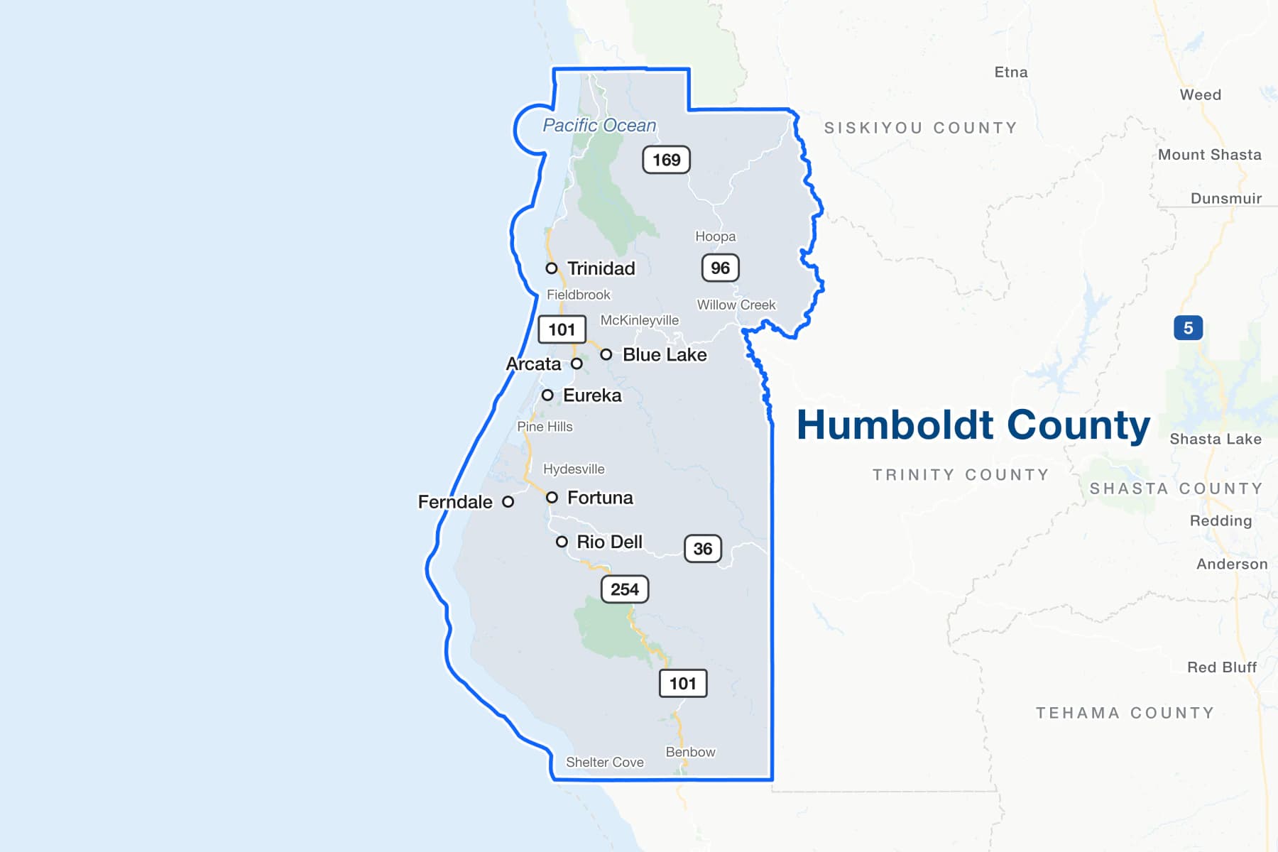 Map of Humboldt County, California, showing Eureka, Arcata, Fortuna, Rio Dell, Ferndale, Blue Lake and Trinidad, with US 101, State Routes 36, 96, 169 and 254, the Pacific Ocean, and the communities of McKinleyville, Willow Creek, Hoopa and Shelter Cove.