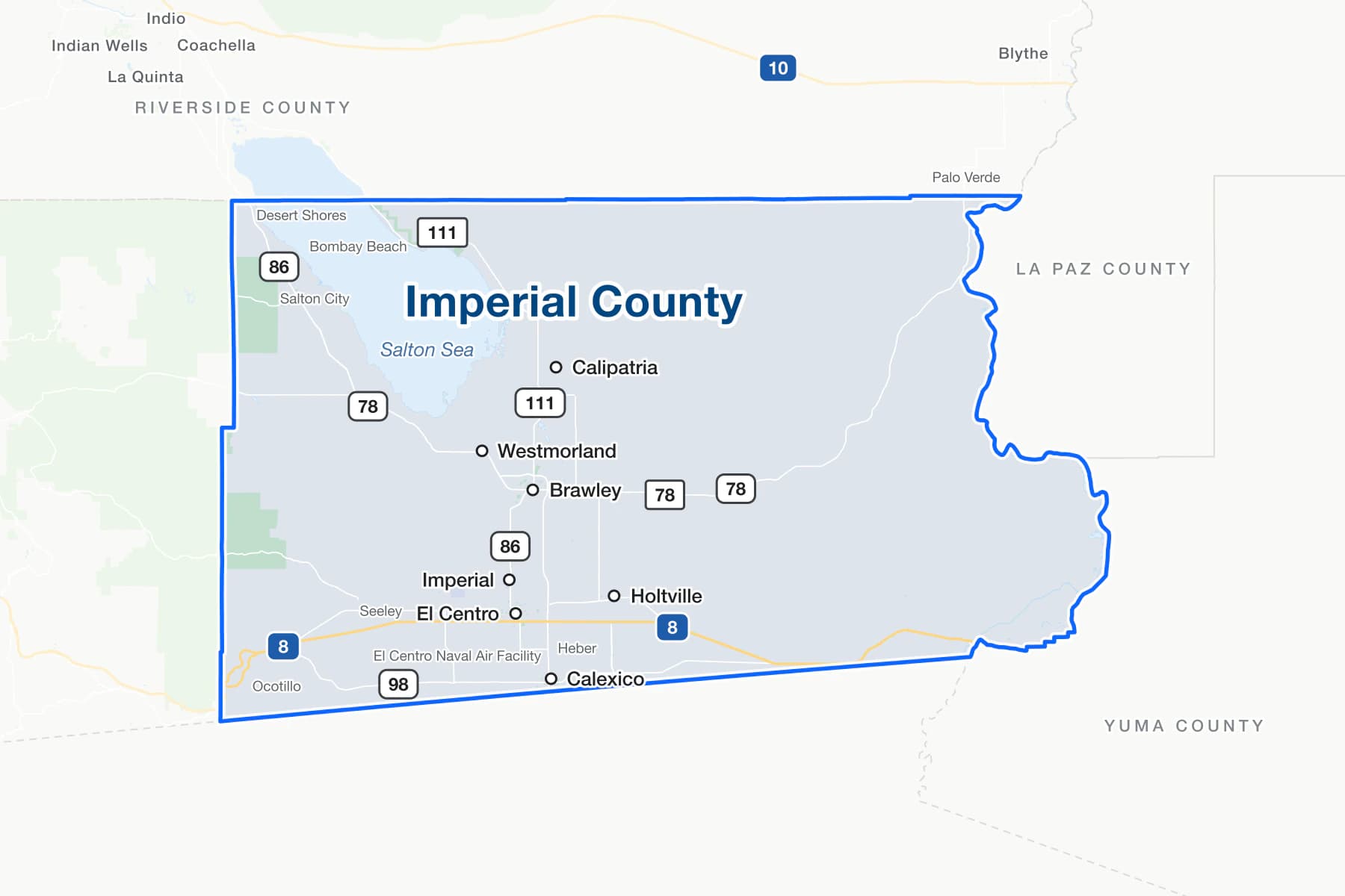 Map of Imperial County, California, showing El Centro, Calexico, Brawley, Imperial, Calipatria, Holtville and Westmorland, with Interstate 8, State Routes 78, 86, 98 and 111, the Salton Sea, and the communities of Salton City, Heber, Seeley and Ocotillo.