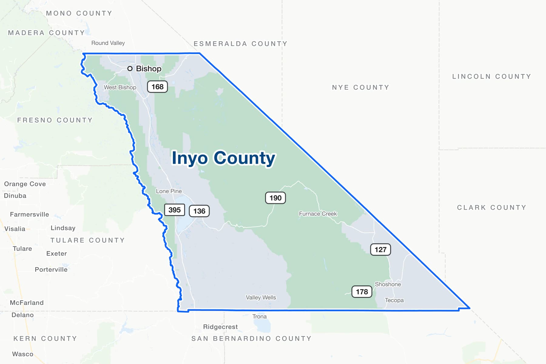 Map of Inyo County, California, showing Bishop, Lone Pine, Furnace Creek, Shoshone and Tecopa, with US 395 and State Routes 190, 127, 178, 168 and 136.