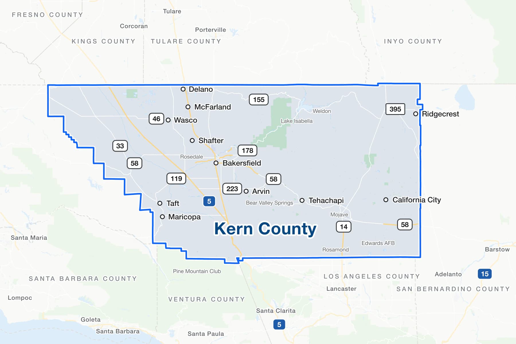 Map of Kern County, California, showing Bakersfield, Delano, McFarland, Wasco, Shafter, Arvin, Taft, Maricopa, Tehachapi, California City and Ridgecrest, with Interstate 5, US 395, State Routes 14, 33, 46, 58, 119, 155, 178 and 223, and the communities of Mojave, Rosamond and Lake Isabella.
