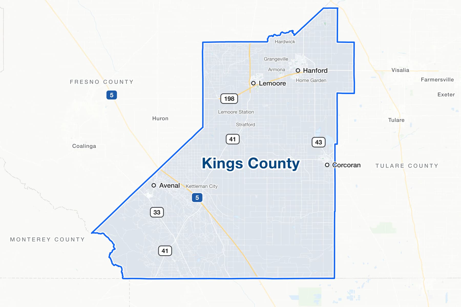 Map of Kings County, California, showing Hanford, Lemoore, Corcoran and Avenal, with Interstate 5, State Routes 198, 41, 43 and 33, and the communities of Armona, Stratford, Kettleman City and Home Garden.