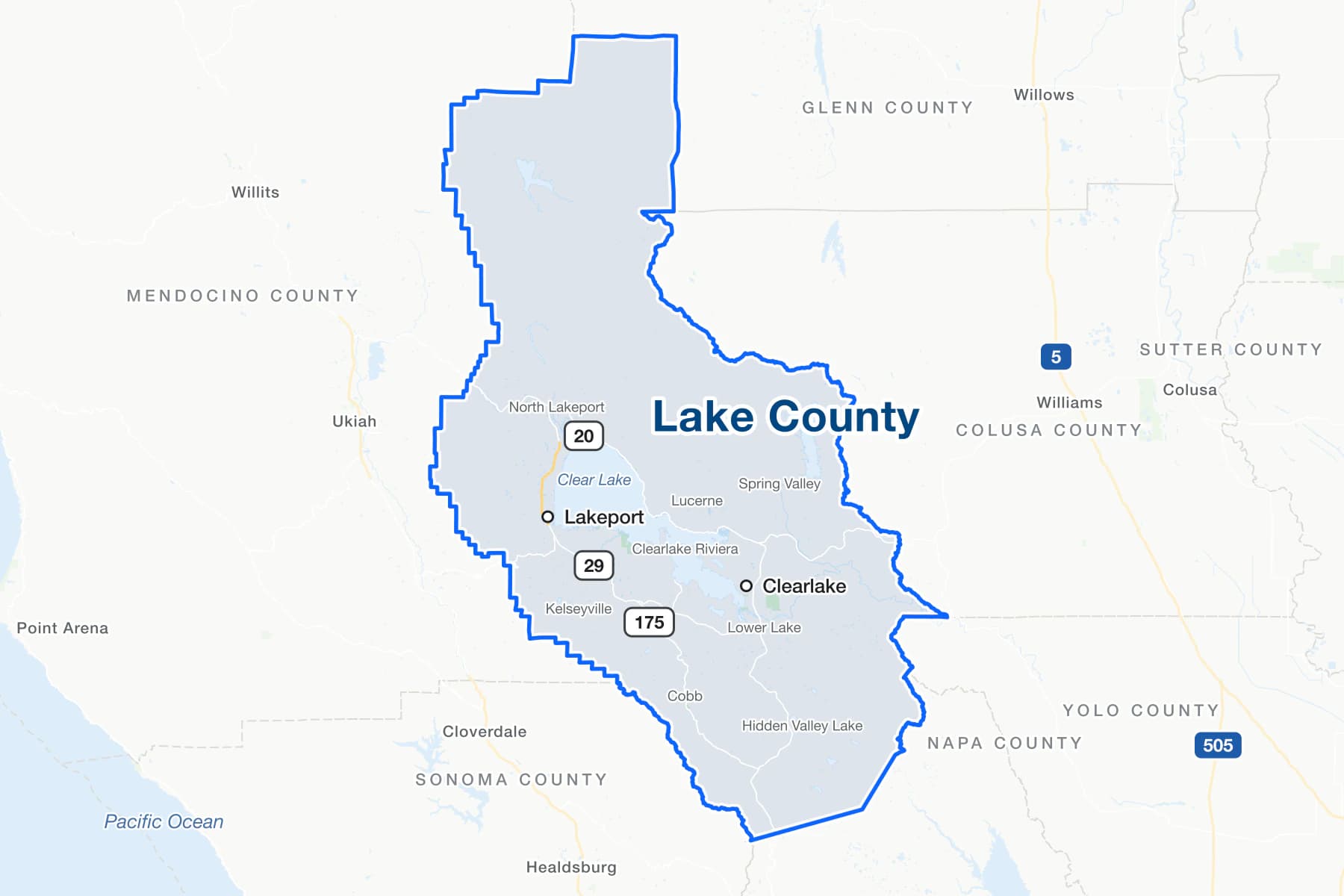 Map of Lake County, California, showing Clear Lake, Clearlake and Lakeport, with State Routes 29, 20 and 175, and the communities of Kelseyville, Lucerne, Lower Lake, Cobb and Hidden Valley Lake.
