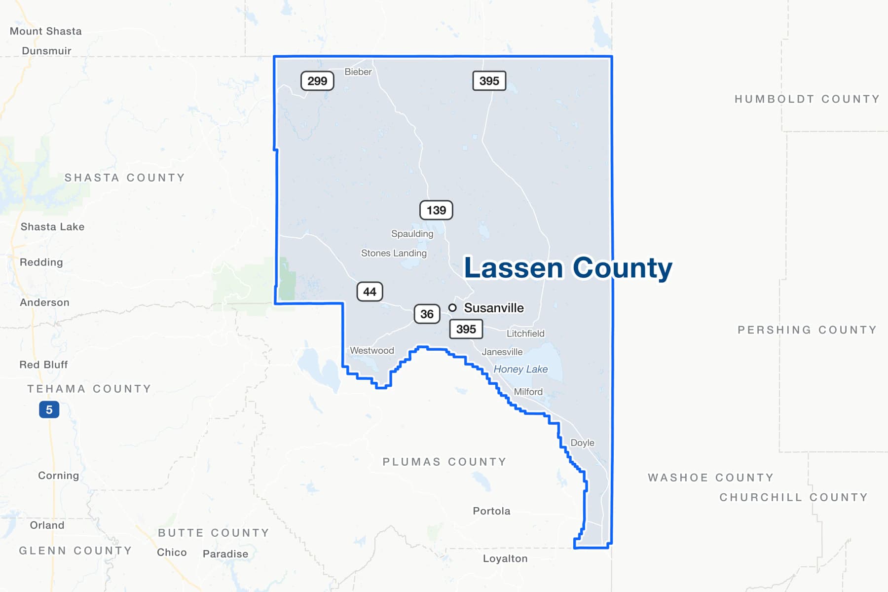 Map of Lassen County, California, showing Susanville and Honey Lake, with US 395 and State Routes 299, 44, 36 and 139, and the communities of Westwood, Janesville, Milford, Doyle and Bieber.
