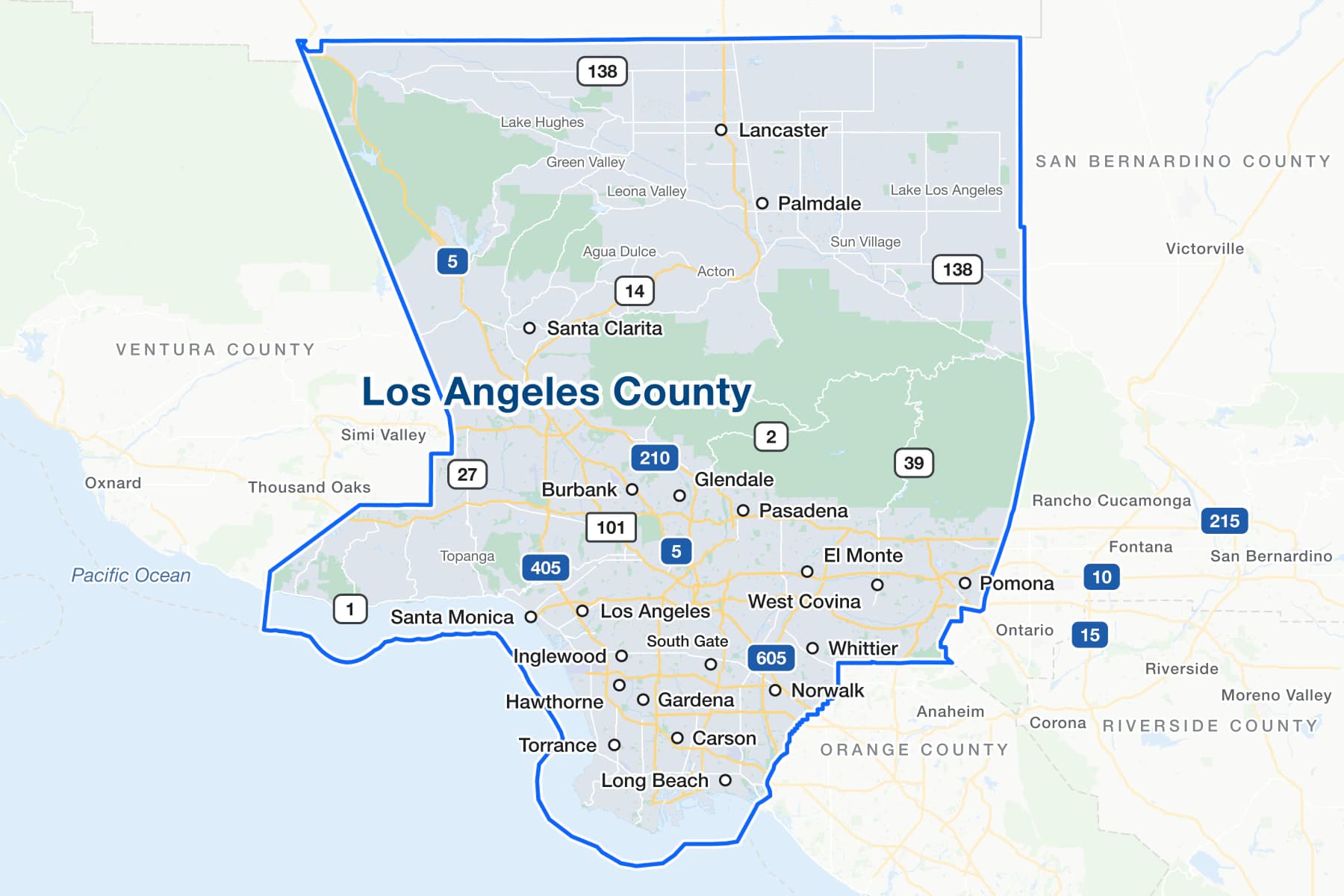 Map of Los Angeles County, California, showing Los Angeles, Long Beach, Santa Clarita, Lancaster, Palmdale, Pasadena, Pomona, Torrance, Gardena and other cities, with Interstates 5, 10, 210, 405 and 605, US 101, State Routes 1, 2, 14, 27, 39 and 138, and the Pacific Ocean.