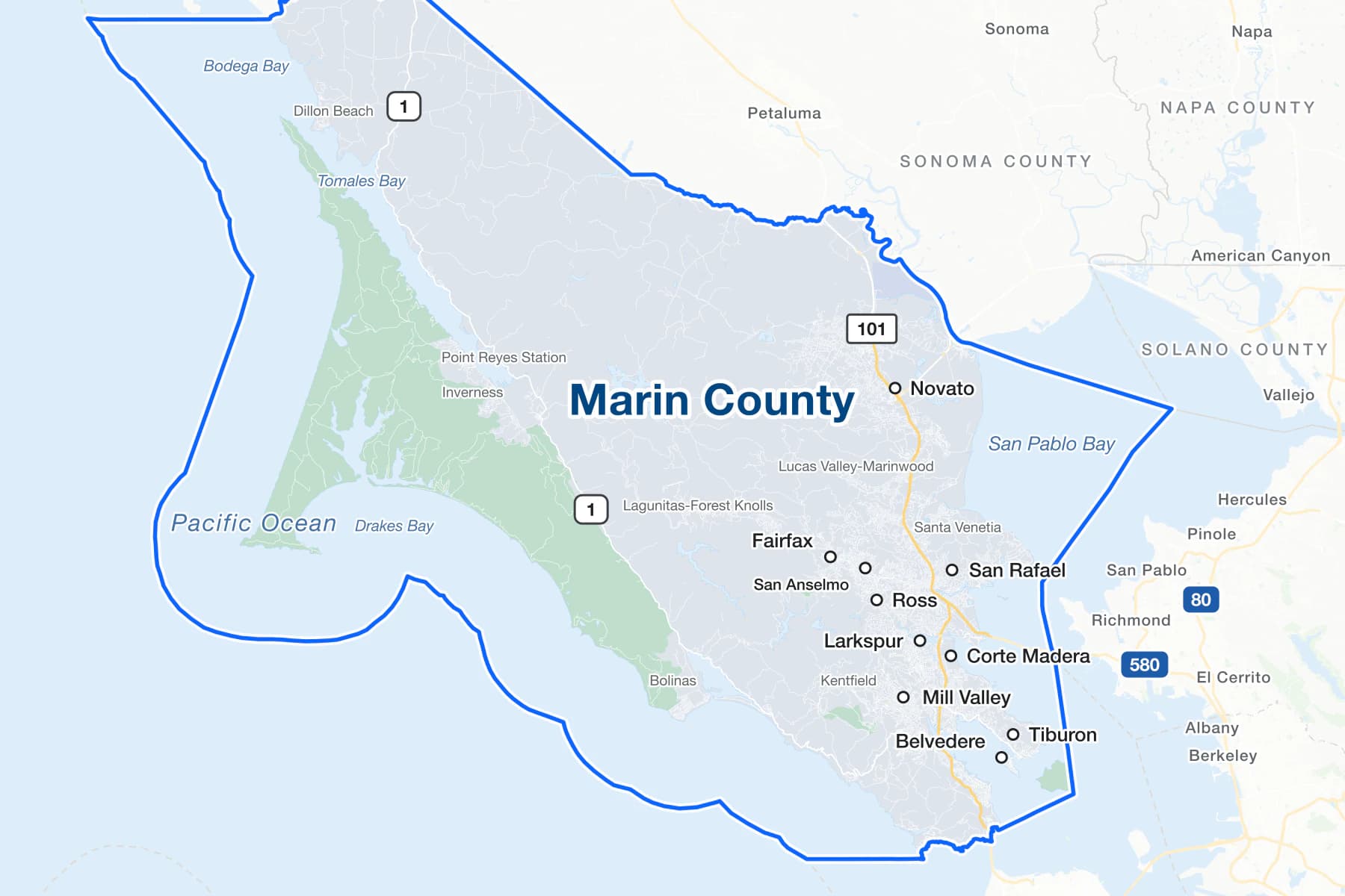 Map of Marin County, California, showing San Rafael, Novato, Mill Valley, Larkspur, San Anselmo, Corte Madera, Tiburon, Fairfax, Ross and Belvedere, with US 101, State Route 1, the Pacific Ocean, San Pablo Bay, Tomales Bay and Drakes Bay.